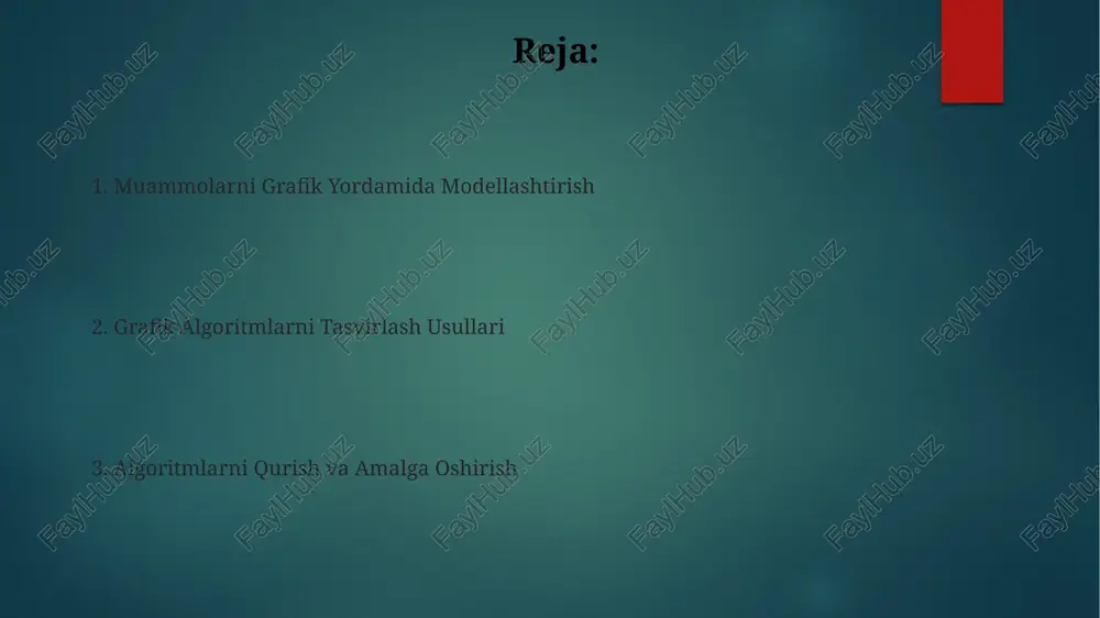 i yo'naltirilgan grafik yordamida ifodalash mumkin, bu yerda har bir tugun bosqichni, yoy esa o'tishni bildiradi. amaliy misollarning tahlili amaliy misollarni tahlil qilish jarayonida algoritmning murakkabligi o(n^2) ga teng bo'lgan ikkita kirish massivini taqqoslash uchun 3 ta turli yondashuvni qo'llash mumkin. 50 ta elementdan iborat massivda chiziqli qidiruv algoritmini qo'llash natijasida o'rtacha 25 ta taqqoslash amalga oshiriladi, eng yomon holatda esa 50 ta taqqoslash talab etiladi. oqim diagrammalari oqim diagrammalarida ishlatiladigan standart geometrik shakllar (to'rtburchak, romb, parallelogramm va boshqalar) algoritmning mantiqiy tuzilmasini aniq va tushunarli tarzda aks ettiradi, 5 ta asosiy elementdan foydalaniladi. oqim diagrammasi yordamida algoritmning bajarilish ketma-ketligini, shartli operatorlarni va takrorlanuvchi tsikllarni grafik ravishda 10 dan kam element yordamida tasvirlash mumkin, bu esa algoritmni tushunishni osonlashtiradi. ma'lumotlar strukturasini grafik ifodalash graflar yordamida 5 ta elementdan iborat bog'langan ro'yxatni tasvirlashda, har bir tugun element qiymatini, qirralar esa elementlar orasidagi bog'lanishni ko'rsatadi. bu esa vizual tushunishni yaxshilaydi. adjacency matritsasi yordamida …