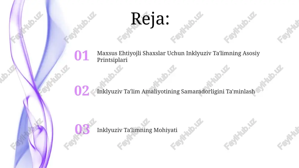 moiy-tibbiy, har bir o'quvchining noyob ehtiyojlarini hisobga olgan holda individual yondashuvni ta'minlaydi. maxsus ehtiyojli shaxslar "maxsus ehtiyojli shaxslar" atamasi 12 dan ortiq turli xil nogironlik turlarini, shu jumladan, intellektual, jismoniy va hissiy-psixologik nuqsonlarni o‘z ichiga oladi. inklyuziv ta'limning samaradorligi maxsus ehtiyojli shaxslarning 80% dan ortig‘i uchun o‘quv natijalarini yaxshilash va ijtimoiy moslashuvni ta'minlashda muhim rol o‘ynaydi. teng imkoniyatlar "teng imkoniyatlar" tamoyili, kamida 30% nogiron bolalarni umumta'lim maktablariga integratsiyalashtirishni nazarda tutib, ularga moslashtirilgan o'quv dasturlarini va qo'llab-quvvatlash xizmatlarini ta'minlashga qaratilgan. "teng imkoniyatlar" strategiyasi, o'quv jarayoniga 5 dan ortiq turdagi nogironlikka ega bolalarni samarali jalb qilish uchun inklyuziv pedagogika uslublari va individual ta'lim rejalari (itr) ni qo'llashni o'z ichiga oladi. farqlarni qadrlash farqlarni qadrlash inklyuziv ta'limning asosiy tamoyillaridan biri bo'lib, 30 dan ortiq turdagi nogironlikka ega bo'lgan 150 million o'quvchini o'z ichiga oladi. farqlarni qadrlash, o'quvchilarning 70% dan ko'prog'ining o'ziga xos ehtiyojlarini aniqlash va ularga moslashgan individual ta'lim rejasini ishlab chiqishni o'z …