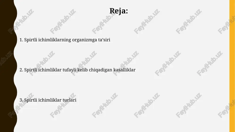 chi ayollarda ko'krak bezi saratoni xavfi 10% ga ortadi, bu esa genetik moyilligi bo'lmaganlarda ham kuzatiladi. spirtli ichimliklarning organizmga ta'siri alkogol miya faoliyatini susaytiradi, xotira buzilishi, konsentratsiyaga ta'sir qilishi va hatto 20-30% hollarda alkogolga bog'liq demansga olib kelishi mumkin. spirtli ichimliklar qon bosimini oshiradi, yurak-qon tomir kasalliklari xavfini, shu jumladan, yurak xurujlari va insultlarni 30% ga oshiradi va qon tomirlarining shikastlanishiga olib keladi. asab tizimining buzilishi alkogolning toksik ta'siri natijasida miya to'qimalarida atrofiya jarayoni kuchayib, xotira buzilishi, diqqatni jamlash qiyinchiliklari va psixomotor reaksiyalar sekinlashuvi kabi alomatlar yuzaga keladi. surunkali alkogolizm miya hujayralarining nekroziga olib kelishi mumkin, bu esa demans, epilepsiya va boshqa nevrologik kasalliklar xavfini 5-7 marta oshiradi. e'tiboringiz uchun rahmat @taqdimot_robot image1.jpg image2.jpg image3.jpg image4.jpg image5.jpg image6.jpg image7.jpg