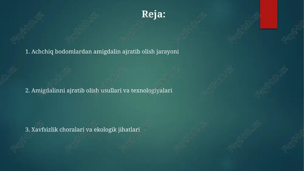 yildan ortiq vaqt davomida, xalq tabobati va ba'zi alternativ tibbiyot usullarida, ayniqsa, o'simlik asosidagi saraton terapiyasida qo'llanilgan. amygdalin, glikozidlar guruhiga mansub bo'lib, uning tarkibida siyanovodorod kislotasi mavjudligi tufayli, faqatgina malakali mutaxassislar nazorati ostida va aniq dozalarda qo'llanishi mumkin. achchiq bodomlar haqida umumiy ma'lumot achchiq bodomlardan amigdalin ajratib olish jarayoni murakkab bo'lib, kimyoviy reaksiyalar va ekstraksiya usullarini talab qiladi, xavfsizlik choralari muhim ahamiyatga ega. achchiq bodomlar tarkibida taxminan 2-4% amigdalin glikozidi bo'lib, bu modda fermentlar ta'sirida zaharli sianid vodorodga aylanadi. achchiq bodomlarning 100 grammida 250-300 mg amigdalin mavjud bo'lishi mumkin, lekin bu miqdor turli xil omillarga bog'liq ravishda o'zgarib turadi. xavfsizlik choralari amigdalin zaharli birikma bo'lib, 50 mg dan ortiq dozasi o'limga olib kelishi mumkin. shuning uchun, barcha jarayonlarni aniq ko'rsatmalarga muvofiq bajarish va himoya kiyimlaridan, shu jumladan qo'lqop va respiratorlardan foydalanish kerak. achchiq bodomlardan amigdalin ajratib olish jarayonida 10 ppm dan kam bo'lmagan miqdordagi vodorod tsianidni chiqarish ehtimoli borligi sababli, …