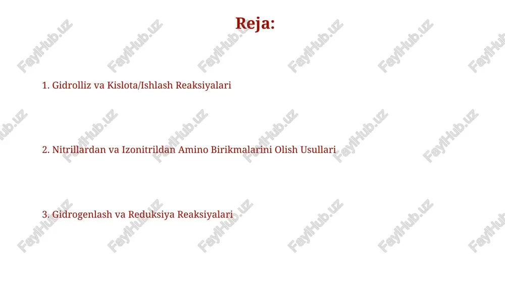 nlarga gidrolizlanish reaksiyasi tezligi va unumdorligi ph darajasiga bog‘liq bo‘lib, optimal ph 2-3 atrofida. turli metall katalizatorlari, masalan, pd (5%), ni (raney nikel), yoki co (kobalt) ning qo‘llanilishi nitrillarning aminlarga gidrogenlanish reaksiyasi samaradorligiga sezilarli ta’sir ko‘rsatadi, selektivlikni 90% gacha oshiradi. nitrillardan aminlar olish usullari nitrillarning qisman qaytarilishi orqali iminlar hosil qilish mumkin, keyin esa iminlarni gidrogenlash orqali ikkinchi darajali aminlar olish mumkin, bu jarayon selektivligi va reaksiya shartlariga bog'liq. litiy alyuminiy gidrid (lialh₄) nitrillarning aminlarga qaytarilishida kuchli qaytaruvchi vosita sifatida ishlatiladi va bu reaksiya odatda efir yoki tetrahidrofuran kabi inert erituvchilarda -78°c dan +25°c gacha haroratlarda o'tkaziladi. reduksiya reaksiyalari va ularning mexanizmlari nitrillarning vodorodlash reaksiyasi katalizator (masalan, raney nikeli) ishtirokida amalga oshiriladi va shu orqali 1-amin hosil bo'ladi, bu jarayon 2 elektron va 2 protonning qo'shilishini o'z ichiga oladi. nitrillarning gidroliz reaksiyasi orqali aminlarning hosil bo'lishi bir necha bosqichli jarayon bo'lib, ularning birinchisi nitrilning suv bilan reaksiyasidan iborat bo'lib, unda …