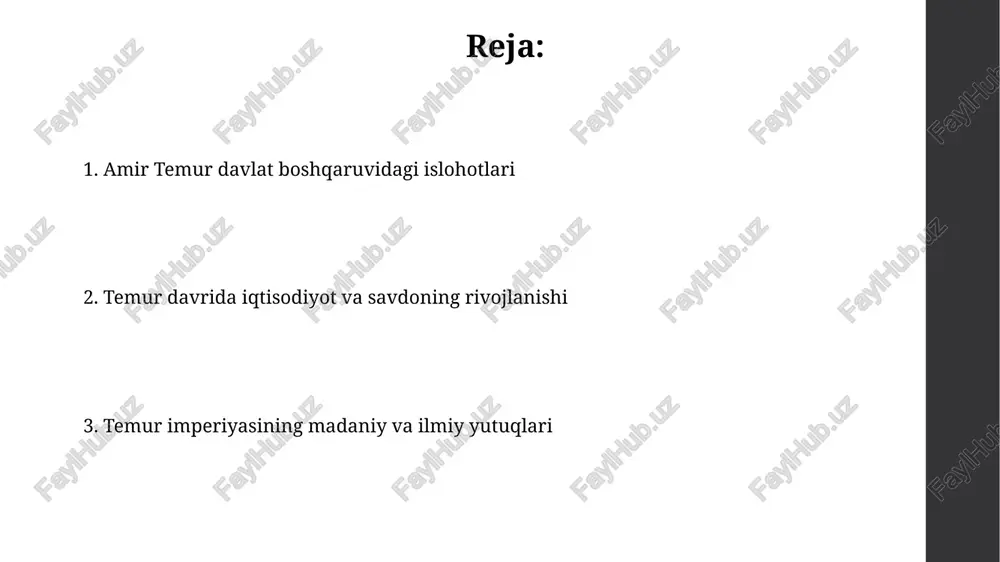 berdi. pul birligini mustahkamlash va soliq tizimini takomillashtirish orqali temur davlat byudjeti daromadlari sezilarli darajada oshdi, bu esa yirik qurilish loyihalarini amalga oshirish va armiyani modernizatsiyalash imkonini berdi. harbiy strategiya va taktika temur davrida qoʻllanilgan "qurshov" taktikasi dushman kuchlarini toʻliq qurshab, ularning qochish yoʻllarini toʻsib qoʻyish orqali 90% dan ortiq gʻalabaga erishish imkoniyatini taʼminladi. uning harbiy strategiyasi tezkor hujumlar, kutilmagan manevrlar va kuchli artilleriya qoʻllagan holda, 300 dan ortiq muhim janglarda gʻalaba qozonishiga imkon berdi. madaniyat va fanning ravnaqi uning hukmronligi davrida ko'plab mashhur olimlar, shoirlar va rassomlar himoyalangan, ularga katta imkoniyatlar yaratib, ilmiy va badiiy asarlar yaratishga ko'maklashgan. amir temur davrida samarqandda 100 dan ortiq masjid, madrasa va kutubxonalar qurilgan bo'lib, bu shaharni o'rta asrning yirik ilmiy va madaniy markaziga aylantirgan. amir temur davlat boshqaruvidagi isteʼdodi amir temur qurilish ishlariga katta eʼtibor berib, samarqandni jahonning eng goʻzal shaharlaridan biriga aylantirdi, shu jumladan 100 dan ortiq masjid va madrasalar qurdirdi. …