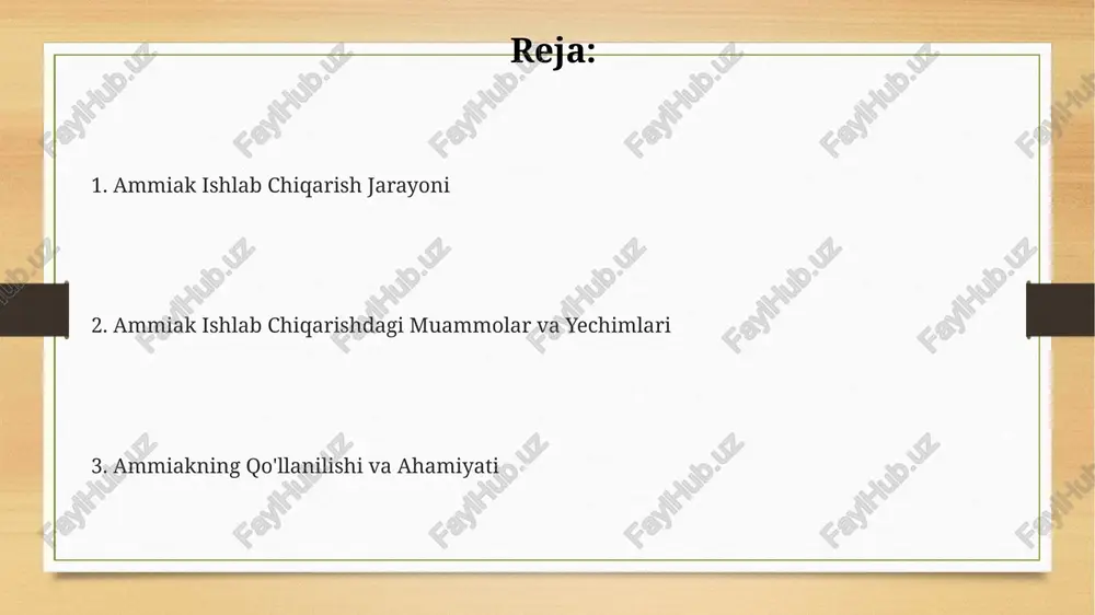 lanadi, bu esa ishlab chiqarish joylashtirish joyi va texnologiyaga bog'liq holda o'zgarishi mumkin. ammiak ishlab chiqarish jarayonidagi energiya sarfining 90% dan ortig'i, asosan, suv bug'ini ishlab chiqarish va siqish jarayonlariga sarflanadi. gaz tarkibidagi azotni 200 atmosferagacha siqish uchun juda katta energiya sarfi talab etiladi, bu esa umumiy ishlab chiqarish xarajatlarining 30-40% ni tashkil qilishi mumkin. ammiakning kimyoviy xossalari ammiak 100 °c da 100 gramm suvda 39 gramm eriydi, ammo bosim oshishi bilan eruvchanligi ham ortadi. bu esa uni turli konsentratsiyalarda ishlatish imkoniyatini beradi. ammiak kuchli asos xususiyatiga ega boʻlib, suvda eriganda ammiak gidroksidi (nh₄oh) hosil qiladi va ph ni 11 ga yetkazadi. bu uning kuchli asos ekanligini koʻrsatadi. ammiakning molekulyar massasi 17 g/mol boʻlib, uning bugʻlanish harorati -33.34 °c ni tashkil etadi. bu xususiyat uni sovutish tizimlarida qoʻllashga imkon beradi. sifat nazorati ammiak ishlab chiqarishdagi sifat nazorati jarayonida har 1000 tonna mahsulot uchun kamida 5 marta laboratoriya tahlili o'tkazilishi va …