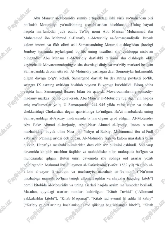 boʻlgan taniqli alloma faqihlar va shayxlar haqidagi kitob”) nomli kitobida al-moturidiy va uning asarlari haqida ayrim maʼlumotlar beriladi. masalan, quyidagi asarlari nomlari keltirilgan: “kitab tavhid” (“allomani yakkalashlar kitobi”), “kitab maqomat”, “kitab rad avomil lil adila lil kabiy” (“kaʼbiy zalolatlarining boshlanishini rad qilishga bagʻishlangan kitob”), “kitab bayon va hum ul-muʼtazila” (“muʼtazila gʻavgʻolari va undan qoʻrqmaslik haqidagi kitob bayoni”), “kitab taʼvilot al-qurʼon” (“kurʼon taʼvili kitobi”). lekin hoji xalifaning (1609–1659) “kashf az-zunun an-asomil kutub va-l-funun” (“kitob va fanlar nomlari haqidagi shubhalarni bartaraf etish kitobi”) kitobida eʼtirof etilishicha, yana abu mansur al-moturidiyning “ma hazi ash-shariʼa” (“shariat asoslari sarasi”), “kitab al-jadal” (“dialektika haqida kitob”) kabi asarlari ham boʻlgan. bulardan tashqari al-moturidiyning “kitab al-usul” (“diniy-taʼlimot usuli kitobi”) asari ham maʼlum. abu mansur al-moturidiyning koʻp asarlari bizgacha yetib kelmagan, yetib kelganlari ham asosan xorijiy mamlakatlar kutubxona va qoʻlyozma fondlarida saqlanadi. al-moturidiy islom olamida juda nozik hisoblangan “kitab tavhid” – asari bizning davrimizga yetib kelgan va u 1970 …
