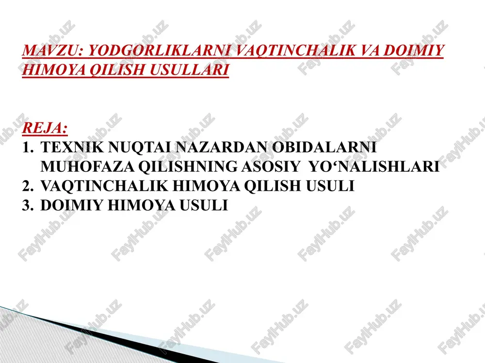 ining siljishlari va tebranishlari, tuproq jismlarining muvozanati buzilishi, suvlarning turbulent ta’siri, oʻsimliklar oʻsib ketishi bilan bogʻliq oqibatlarining oldini olishdan iboratdir. vaqtinchalik (preventiv) himoya me’moriy obidalar va boshqa qimmatli toshli binolarni vaqtinchalik himoya qilish boʻyicha tadbirlar restavratsiya ishlarida juda katta ahamiyatga ega. bunday tadbirlar avariya vaziyatlarida yoki iqtisodiy tanglik (zaruriy restavratsiya ishlarini oʻtkazish uchun mablagʻ yoʻqligi) yuzaga kelganda amalga oshiriladi. vaqtinchalik tadbirlar asosan yemirilish jarayonlari rivojlanishini toʻxtatish yoki toshli taxlar yemirilishi oʻchoqlarini ma’lum vaqtga zararsizlantirish hamda material va konstruksiyalarni yemiruvchi omillar ta’siridan saqlashga qaratilgan. binoni atmosfera yogʻingarchiliklari ta’siridan vaqtincha himoyalash, fundamentlarni sizot suvlari ta’siridan himoya qilishni nazarda tutadigan tadbirlar bunga misol boʻlishi mumkin. koʻpincha preventiv choralar yoki profilaktik kuchaytirish binoning mavjud ahvolini saqlab turish hamda tegishli texnik vositalardan foydalangan holda restavratsiya ishlari boshlanishidan avval taxlarning qandaydir tarkibiy oʻzgarishlari va deformatsiyasiga yoʻl qoʻymaslik maqsadida ham qoʻllaniladi. texnik ahvoli 3-chi yoki undan yuqori toifalarga tegishli boʻlgan ob’yekt yoki konstruksiyalarda profilaktik tadbirlarni oʻtkazish ham …