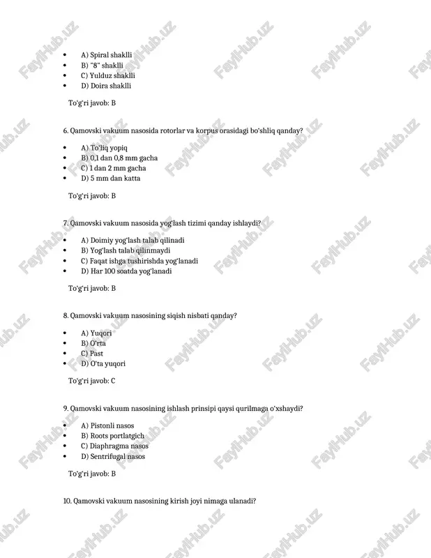 aydi? a) pistonli harakat b) diaphragma harakati c) rotorli harakat d) sentrifugal harakat to‘g‘ri javob: c 13. qamovski vakuum nasosining ishlashida qanday gazlar bilan ishlash mumkin? a) faqat havo b) har qanday gaz c) faqat inert gazlar d) faqat metan to‘g‘ri javob: b 14. qamovski vakuum nasosining ishlashida qanday haroratda ishlashi mumkin? a) faqat past haroratda b) har qanday haroratda c) faqat yuqori haroratda d) faqat xona haroratida to‘g‘ri javob: b 15. qamovski vakuum nasosining ishlashida qanday bosimda ishlashi mumkin? a) faqat past bosimda b) har qanday bosimda c) faqat yuqori bosimda d) faqat atmosfera bosimida to‘g‘ri javob: b 16. qamovski vakuum nasosining ishlashida qanday suyuqliklar bilan ishlash mumkin? a) faqat suv b) har qanday suyuqlik c) faqat moy d) suyuqliklar bilan ishlamaydi to‘g‘ri javob: d 17. qamovski vakuum nasosining ishlashida qanday muhrlash tizimi mavjud? a) yog‘li muhrlash b) quruq muhrlash c) suvli muhrlash d) hech qanday muhrlash yo‘q to‘g‘ri …