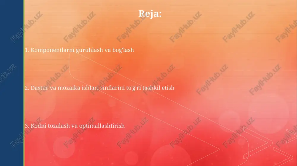 hi mumkin va ularni o'zlarini instansiyalashtirish mumkin emas, faqat meros qilib olish mumkin. interfeyslar bir nechta (masalan, 2 yoki undan ko'p) sinflarga bir xil metodlarni ta'minlash uchun ishlatiladi, polimorfizmni amalga oshirishda muhim rol o'ynaydi. jamoaviy ishlash uchun standartlar muvaffaqiyatli jamoaviy ishlash uchun 80% muloqot va 20% texnik ko'nikmalar muhim ahamiyatga ega, shuning uchun muntazam uchrashuvlar va samarali aloqa kanallari zarur. loyiha muddatini aniq belgilash va har bir bosqich uchun mas'ul shaxslarni tayinlash, shuningdek, 2 haftada bir marta progress reportlarni taqdim etish majburiydir. xavfsizlik va himoya choralari ishchi stantsiyalarda parol murakkabligi siyosatini joriy etish va har 90 kunda parolni majburiy ravishda o'zgartirish kiberhujumlar xavfini sezilarli darajada kamaytiradi. ma'lumotlar bazasini shifrlash va 256 bit kalitli aes algoritmidan foydalanish ma'lumotlarning ruxsatsiz kirishdan ishonchli himoyalanishini kafolatlaydi. paketlar va modulardan foydalanish yaxshi tuzilgan paketlar va modullar yordamida 10000 satrdan ortiq kodli katta loyihalarni ham samarali boshqarish va qo'llab-quvvatlash mumkin bo'ladi. paketlar, kodni 2 yoki undan …