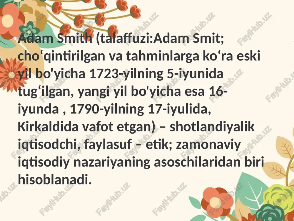 ʻoyalari klassik siyosiy iqtisodning asosini tashkil etadi (qarang klassik siyosiy iqtisod maktablari). smit iqtisodiyotda davlatning oʻrni masalasiga katta eʼtibor beradi. u xalqaro erkin tashqi savdo eksport va import harajatlari afzalligi tufayli amalga oshadi deb hisoblagan image1.jpeg image2.jpeg image3.jpeg set ee s sos ————_ ——s==