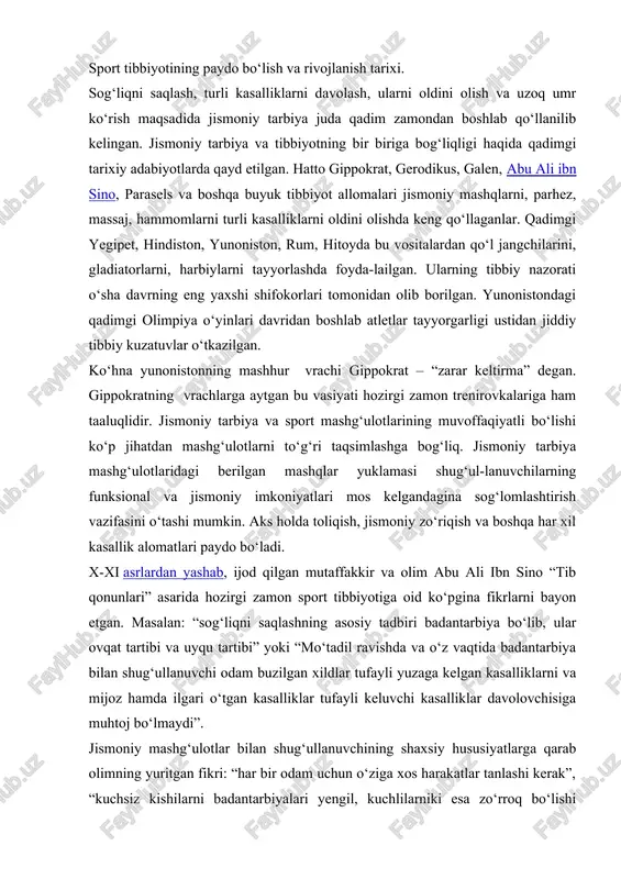 uyqu tartibi” yoki “mo‘tadil ravishda va o‘z vaqtida badantarbiya bilan shug‘ullanuvchi odam buzilgan xildlar tufayli yuzaga kelgan kasalliklarni va mijoz hamda ilgari o‘tgan kasalliklar tufayli keluvchi kasalliklar davolovchisiga muhtoj bo‘lmaydi”. jismoniy mashg‘ulotlar bilan shug‘ullanuvchining shaxsiy hususiyatlarga qarab olimning yuritgan fikri: “har bir odam uchun o‘ziga xos harakatlar tanlashi kerak”, “kuchsiz kishilarni badantarbiyalari yengil, kuchlilarniki esa zo‘rroq bo‘lishi kerak”, “agar organizm mo‘tadil bo‘lsa, ular uchun mo‘tadil badantarbiya muvofiq keladi”, “tez va shiddatli harakatlar yengillari bilan birga qilinadigan harakatlarni qilib almashtirib turish va bir harakat ustida to‘xtab qolmaslik kerak”. “badantarbiya davomiga kelsak quyidagi uch narsaga e’tibor beriladi: 1- teri rangi, agar u yaxshilana borsa, harakatlarni hali davom ettirish mumkin; 2 - harakatlarni yengilligiga, agar ular hali yengil bo‘lsa, ularni tamomlash muhlati hali kelmagan bo‘ladi: 3- organlarni holati, agar ter ko‘pligi davom qilsa, harakatni davom ettirish mumkin. agar bu holatlar yo‘qolib, chiqqan ter tomchi-tomchi bo‘lib oqa boshlasa to‘xtatish kerak.” charchash holatini oldini olishda …