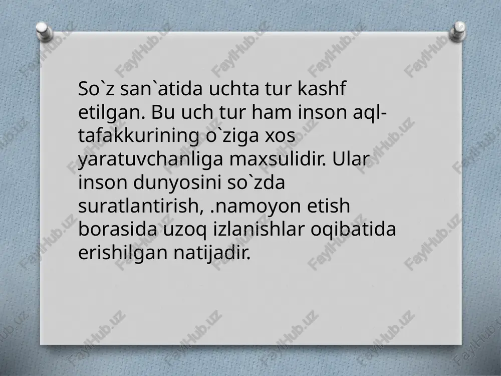 riy asarlarda ma`lum voqealar bayon etkiadi. drama asarlarida ham qahramonning kayfiyati, qalbidagi alg`ov-dalg`ovlar jarayoni akslanadi. albatta, epos, lirika, drama o`rtasida jiddiy farqlar mavjud. epos so`zlashuv nutqiga yaqin bir tarzda ezilsa, lirika misra, qofiya, turoq singari unsurlarga asoslangan, drama dialog, monologlardan tarkib topgan bo`ladi. «janr» fransuzcha soz bo`lib, «tur», «jins» degan ma`noni anglatadi. bu termin dastlab san`at va adabiyot atamasi sifatida xvi asrda frantsiyada qo`llana boshlagan. adabiy janr asarlarning kompo-zitsion ko`rilishi, tasvirlash yo`llari, vositalari, bayon usullari, xo-hisalarni kamrash ko`lamiga ko`ra ko`rinyshidir. janr o`zgaruvchan, boyib boradigan hodisadir. ayni paytda u ijtimoiy, madaniy, ma`rifiy taraqqiyot jarayonida iste`moldan qapib ketishi mumkin bo`lgan o`ziga xoslikair. image3.jpeg image4.png /docprops/thumbnail.jpeg aone nasty tur vo ung 30s janie ‘shey tur v9 ungs 105 ani. dramatic tu ve unga x35 fie