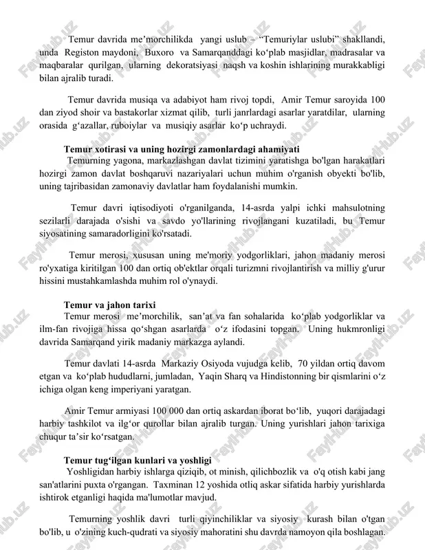 ligi bilan ajralib turadi. temur davrida musiqa va adabiyot ham rivoj topdi, amir temur saroyida 100 dan ziyod shoir va bastakorlar xizmat qilib, turli janrlardagi asarlar yaratdilar, ularning orasida gʻazallar, ruboiylar va musiqiy asarlar koʻp uchraydi. temur xotirasi va uning hozirgi zamonlardagi ahamiyati temurning yagona, markazlashgan davlat tizimini yaratishga bo'lgan harakatlari hozirgi zamon davlat boshqaruvi nazariyalari uchun muhim o'rganish obyekti bo'lib, uning tajribasidan zamonaviy davlatlar ham foydalanishi mumkin. temur davri iqtisodiyoti o'rganilganda, 14-asrda yalpi ichki mahsulotning sezilarli darajada o'sishi va savdo yo'llarining rivojlangani kuzatiladi, bu temur siyosatining samaradorligini ko'rsatadi. temur merosi, xususan uning me'moriy yodgorliklari, jahon madaniy merosi ro'yxatiga kiritilgan 100 dan ortiq ob'ektlar orqali turizmni rivojlantirish va milliy g'urur hissini mustahkamlashda muhim rol o'ynaydi. temur va jahon tarixi temur merosi meʼmorchilik, sanʼat va fan sohalarida koʻplab yodgorliklar va ilm-fan rivojiga hissa qoʻshgan asarlarda oʻz ifodasini topgan. uning hukmronligi davrida samarqand yirik madaniy markazga aylandi. temur davlati 14-asrda markaziy osiyoda …