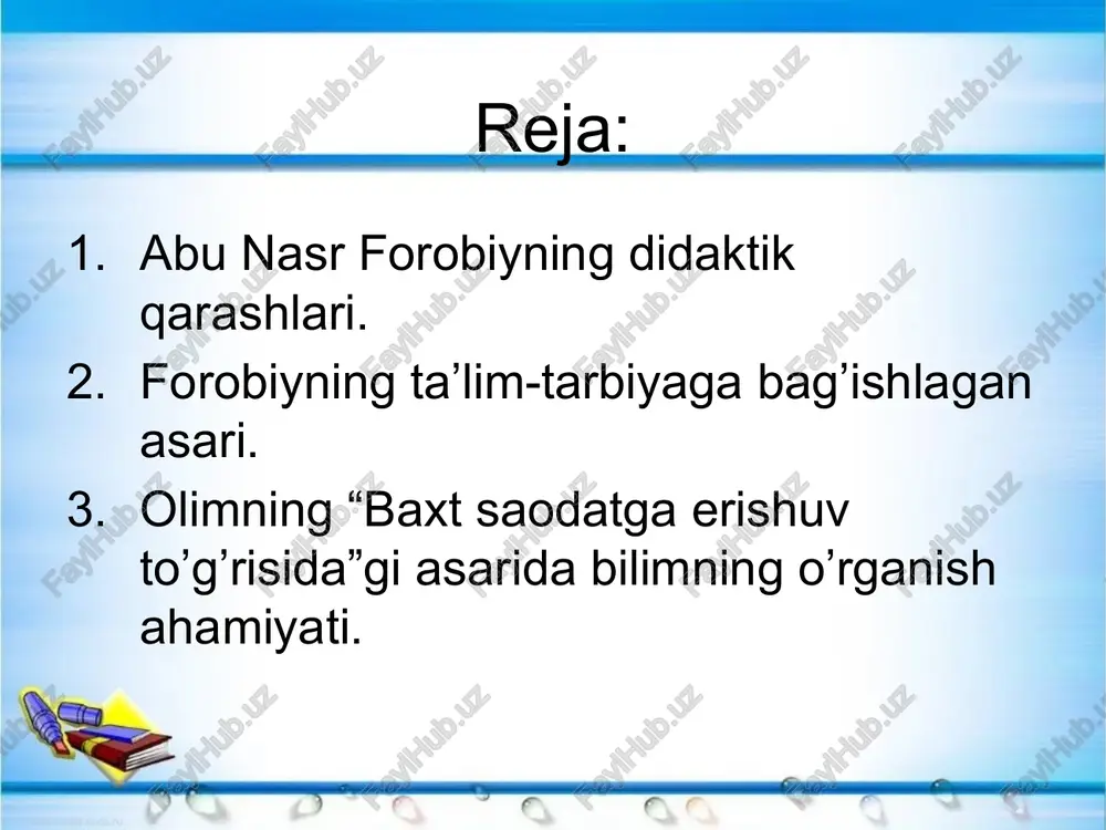 ga erishuv to’g’risida» «ixso – al - ulum» «ilmlarning kelib chiqishi» «aql ma’nolari to’g’risida» forobiy o’z ishlarida ta’lim – tarbiyani uzviy birlikda olib borish haqida ta’lim bergan bo’lsa ham, ammo har birining insonni kamolga yetkazishda o’z o’rni va xususiyati bor ekanligini alohida ta’kidlaydi. forobiy «baxt – saodatga erishuv to’g’risida» asarida bilimlarni o’rganish tartibi haqida fikr bayon etgan. uning ta’kidlashicha, avval bilish zarur bo’lgan ilm o’rganiladi, bu – olam asoslari haqidagi ilmdir. uni o’rgangach, tabiiy ilmlarni, tabiiy jismlar tuzilishini, shaklini, osmon haqidagi bilimlarni o’rganish lozim. undan so’ng, umuman, jonli tabiat o’simlik va hayvonlar haqidagi ilm o’rganiladi, deydi. forobiy inson kamolotga yolg’iz o’zi erisha olmaydi. u boshqalar bilan aloqada bo’lish, ularning ko’maklashuvchi yoki munosabatlariga muxtoj bo’ladi. uning fikricha tarbiya jarayoni tajribali pedagog, o’qituvchi tomonidan tashkil etilishi muhumdir. chunki har bir odam ham baxtni va narsa hodisalarni o’zicha bila olmaydi. unga buning uchun o’qituvchi lozim. o’rgangan fanlari tibbiyot ilmi nujum musiqa huquq tilshunoslik …