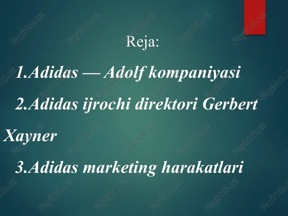 natijada ular 80 foiz aksiyalarni tadbirkor, fransuz futbol klubi “olimpik marsel”ga egalik qilgan bernard tapiga sotib yuborishdi. 1993 yilda tapi adidas targ‘iboti strategiyasi ustida ishlashlari uchun raqobatchi kompaniyalar nike va reebok mutaxassislarini yolladi. aynan o‘sha yili kompaniyaning egasi yana o‘zgardi – tapi kompaniyani do‘sti robert lui-dreyfusga sotdi. adidas’ga ko‘ra, lui-dreyfus kompaniyaga inqirozdan chiqishda yordam berdi va keskin o‘zgarishlar qilishga undamaydigan shior o‘ylab topdi: “biz avval ham bilardik. biz hozir ham bilamiz”. 2009 yilda puma va adidas yarashish sari ilk marta qadam qo‘yishdi: 21 sentyabrda “xalqaro tinchlik kuni” munosabati bilan xodimlar xersogenauraxda futbol bo‘yicha o‘rtoqlik o‘yinini o‘tkazishdi. hozirda adidas germaniyada sakkizta korxona va boshqa mamlakatlardagi 25dan ortiq sho‘'ba korxonalarga ega: fransiya, buyuk britaniya, aqsh, kanada va jardagi korxonalar shular jumlasidandir. bundan tashqari, reebok, xokkey uchun anjomlar ishlab chiqaruvchi ccm va golf uchun anjomlar ishlab chiqaruvchi taylor made golf unga tegishli. musobaqalardagi homiylik ilk marta professional sportchilar adolf dassler tomonidan tikilgan oyoq …