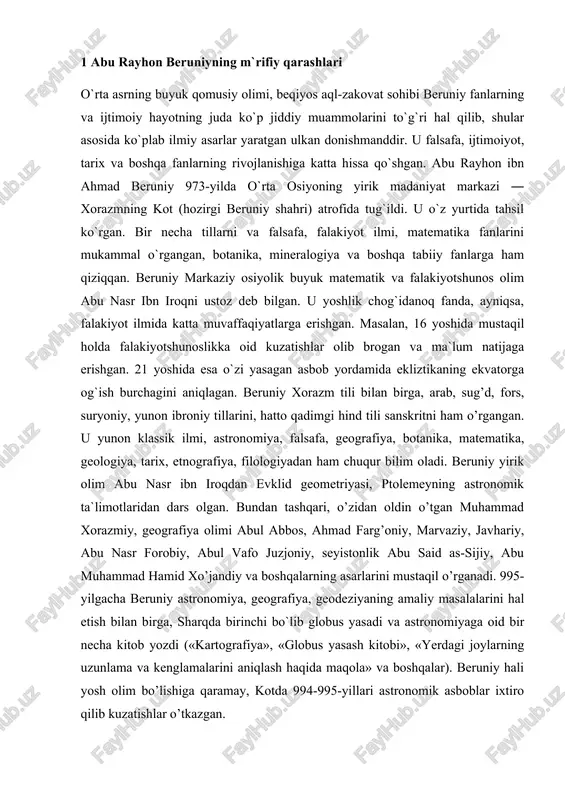 maliy masalalarini hal etish bilan birga, sharqda birinchi bo`lib globus yasadi va astronomiyaga oid bir necha kitob yozdi («kartografiya», «globus yasash kitobi», «yerdagi joylarning uzunlama va kenglamalarini aniqlash haqida maqola» va boshqalar). beruniy hali yosh olim bo’lishiga qaramay, kotda 994-995-yillari astronomik asboblar ixtiro qilib kuzatishlar o’tkazgan. o’sha davrda kaspiy bo’yi viloyatlarida qobus ibn vushmagir yosh olimga xayrixohlik ko’rsatadi. «shamsal-maoliy» («oliy martabalar quyoshi») laqabi bilan mashhur bo`lgan bu podshohga bag’ishlab beruniy «qadimgi xalqlardan qolgan yodgorliklar» asarini yozadi va unga taqdim etadi. bu asar beruniy nomini yaqin va o’rta sharqqa mashhur qildi. beruniy bu yerda «xorazmning mashhur kishilari», «turar joylar orasidagi masofani tekshirish uchun joylarning oxirgi chegaralarini aniqlash» asarini yaratdi. bu asarda geografiya va astronomiya fanlari bilan bir qatorda paleontologik kuzatishlar natijalari ham bayon qilingan. 995-yilda kot shahri gurgonj amiri ma`mun і tomonidan bosib olindi. xorazmda hukmronlik qilayotgan afrig`iylar sulolasi qulatilib, shahar vayron qilindi. bunday sharoit beruniyni vatanini tashlab ketishga majbur etgan. …