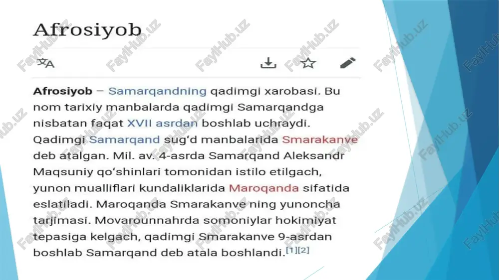 rg vikipediya q afrosiyob bes ow & afrosiyob — samarqandning qadimgi xarobasi. bu nom tarixiy manbalarda qadimgi samarqandga nisbatan faqat xvii asrdan boshlab uchraydi. qadimgi samargand sug‘d manbalarida smarakanve deb atalgan. mil. av. 4-asrda samarqand aleksandr magsuniy qo’'shinlari tomonidan istilo etilgach, yunon mualliflari kundaliklarida maroganda sifatida eslatiladi. maroganda smarakanve ning yunoncha tarjimasi. movarounnahrda somoniylar hokimiyat tepasiga kelgach, qadimgi smarakanve 9-asrdan boshlab samarqand deb atala boshlandi.!"i[2] v tarixi vy manbalar © so'nggi tahrir 11 kunlar avval malikxanbot tomo... aloqador sahifalar il oo < afrosiyob — samargandning gadimgi xarobasi. bu nom tarixiy manbalarda qadimgi samarqandga nisbatan faqat xvii asrdan boshlab uchraydi. qadimgi samargand sug‘d manbalarida smarakanve deb atalgan. mil. av. 4-asrda samarqand aleksandr magqsuniy go’‘shinlari tomonidan istilo etilgach, yunon mualliflari kundaliklarida maroganda sifatida eslatiladi. maroganda smarakanve ning yunoncha tarjimasi. movarounnahrda somoniylar hokimiyat tepasiga kelgach, qadimgi smarakanve 9-asrdan boshlab samarqand deb atala boshlandi.!"!l2] 07:58 gad sule siyobdan charxpalakda suv chigarib, kun kurgan, so‘ng …