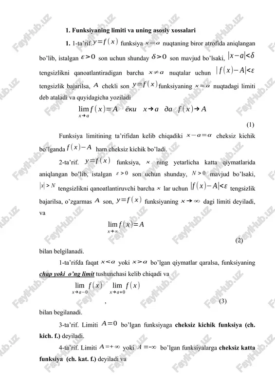 ladi. 2. aniqmasliklar va ularni ochish 1.aniqmasliklar. limitni hisoblashda funksiyalar ch.kich.f. lar bo’lsa, nisbatga da (0/0) ko’rinishdagi aniqmaslik deyiladi. funksiyalar ch.kat.f. lar bo’lsa, nisbatga da ko’rinishidagi aniqmaslik deyiladi. xuddi shunga o’xshash aniqmasliklar limitlarni hisoblashda kelib chiqadi. bunday hollarda limitlarni hisoblashga aniqmasliklarni ochish deyiladi. va () ko’rinishdagi aniqmasliklarni ochishda quyidagi xossadan foydalaniladi: va funksiyalar nuqtaning biror atrofidagi hamma nuqtalarda o’zaro teng bo’lsa, ularning dagi limiti ham teng bo’ladi. masalan, va funksiyalar ning dan boshqa hamma qiymatlari uchun teng, chunki yuqoridagi xossaga asosan, bo’ladi, ya’ni natijaga ega bo’lamiz. funksiyalarning limitini topishga bir necha misollar qaraymiz. 1-misol. ekanligini funksiya limitining ta’rifidan foydalanib isbotlang. yyechish. buni isbotlash uchun o’zgaruvchi miqdor va o’zgarmas miqdor orasidagi farq da cheksiz kichik funksiya ekanligini ko’rsatish kifoya. demak, o’zgaruvchi miqdor da cheksiz kichik funksiyadan iborat. shunday qilib, . 2-misol. ekanligini isbotlang hamda va larning qiymatlari jadvali bilan tushuntiring. yechish. bo’lganligi uchun cheksiz kichik miqdordir. ni ayirmaga qo’yib, natijaga ega …