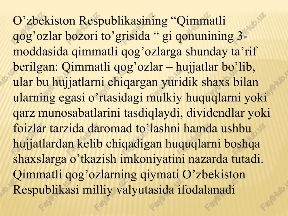 m alohida fond bozori tovaridir. qimmatli qog’ozlarni chiqarishdan asosiy maqsad. qimmatli qog’ozlarni chiqarishda quyidagi maqsadlar ko’zlanadi: 1. aksiya (oddiy va imtiyozli) chiqarish va joylashtirish yo’li bilan aktsiyadorlik kompaniyasini to’zish. 2. obligatsiya chiqarish va joylashtirish yo’li bilan moliyalashtirishni kengaytirish. 3. qo’shimcha investitsiya jalb qilishda kompaniyada hukmronlikni saqlab qolish uchun imtiyozli aktsiyalar va obligatsiyalar chiqarish. davlat qimmatli qog’ozlari quyidagi maqsadlarda chiqariladi: - joriy byudjet kamomatini (defitsitini) moliyalashtirish; - avval joylashtirilgan qarzlarni so’ndirish; - davlat byudjeti kassasining bajarilishini ta’minlash; - soliq to’lovlarining notekis tushumini tekislash; - tijorat banklarini likvid rezerv aktivlar bilan ta’minlash; - davlat va mahalliy xokimiyat organlari tomonidan amalga oshiriladigan maqsadli investitsion dasturlarni moliyalashtirish; - ijtimoiy muhim ahamiyatga ega bo’lgan muassasa va tashkilotlarni moliyaviy qo’llab-quvvatlash. ulushga egalik qilish huquqini beruvchi qimmatli qog’ozlar guruhiga mulkiy munosabatlarni o’zida aks ettiruvchi aksiyalar kiradi. aksiya (frantsuzcha action, ingl. share so’zidan olingan bo’lib) – bu aksiyadorlik jamiyatining ustav fondi miqdori doirasida chiqargan (ya’ni emissiya qilgan) qimmatli, …