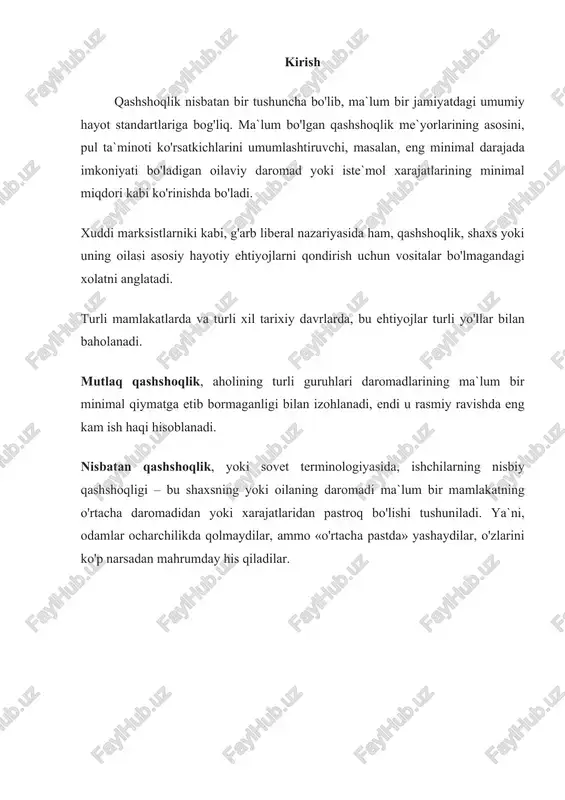 gan qatlamlarini aniqlash, ijtimoiy himoya sohasidagi vazifalarni aniqlash maqsadida kambag‘allik chegarasini belgilaydi. bunda turli mezonlardan foydalaniladi, boy mamlakatlarda qashshoqlik chegarasi, kambag‘al mamlakatlarga qaraganda yuqoriroq. jahon banki metodikasi 1990 yilda jahon banki ekspertlari kambag‘al davlatlarda qo‘llanadigan standartlardan foydalanib, dunyodagi kambag‘al aholi sonini o‘lchashni taklif qilishgandi. 15ta davlatdagi kambag‘allikning milliy darajasini o‘rganib, xarid qobiliyati asosida valuta kurslarini qo‘llagan holda (xarid qobiliyati; butun dunyodagi ana shu narxlar asosida hisoblanadi) qayta hisoblashdi. tovar va xizmatlar to‘plami narxini barcha mamlakatlarda to‘g‘ri taqqoslash uchun ana shunday qilingan. natijada ekspertlar o‘rganilayotgan qashshoq mamlakatlarning oltitasida kambag‘allik darajasi kuniga bir kishi uchun 1 dollarga yaqin ko‘rsatkichni tashkil qiladi. bu ko‘rsatkich ilk xalqaro qashshoqlik chegarasi sifatida qabul qilinadi. dunyo mamlakatlaridagi hayot qiymatidagi tafovutlar ortib borgani sababli jahon banki global kambag‘allik ko‘rsatkichini vaqti-vaqti bilan qayta ko‘rib chiqish zaruriyatiga duch keldi. 2005 yilda bank dunyoning eng qashshoq mamlakatlarida qabul qilingan kambag‘allik darajasi asosida ana shu ko‘rsatkichni qayta hisobladi. natijada global qashshoqlik chegarasi …