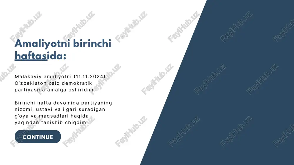 rtiya minbari teleko’rsatuvida saylovoldi dasturlar va partiya imkoniyatlari haqida to’liq bayonot berishdi. oltinchi hafta biz ushbu xaftada partiyaning bug’alterya bo’limining ish yuritish jarayonlrini o’rgndik va o’zimizxam be vosita ishtirok etdik.partiyaning a’zolik badali xamda unga a’zo bo’lish qoidalarini o’rgandik continue ushbu xafta davomida biz amalyotchilar partiyaning ma’naviy va ma’rifiy bo’limi mutaxasislari blan uchrashdik so’ngra ushbu bo’limning ish faoliyati blan yaqindan tanishib chqdik. yettinchi hafta xulosa: partiyada o’tgan ikki oylik amaliyotim davomida ko’plab bilim va tajribalarni qo’lga kiritdim. siyosiy partiya to’g’risida to’liq tasavvurga ega bo’ldim. amaliyotim saylovga bevosita aloqador tuzilmada bo’lganidan, yirik siyosiy jarayonda ishtirok etganimdan juda mamnunman. soha mutaxasislari bilan yaqindan muloqot o’rnatdim. ularning hayotiy maslaxatlarini o’zim uchun hisobga olib qo’ydim. image1.jpeg image2.png image3.svg image3.png image4.png image10.svg image5.png image6.png image15.svg image33.svg image11.png image35.svg image7.png image27.svg image8.png image29.svg image9.png image31.svg image10.png sn \ al )- ue /docprops/thumbnail.jpeg ‘womadvs isyavivi howosoe~. uaianva avinys aion anz.o