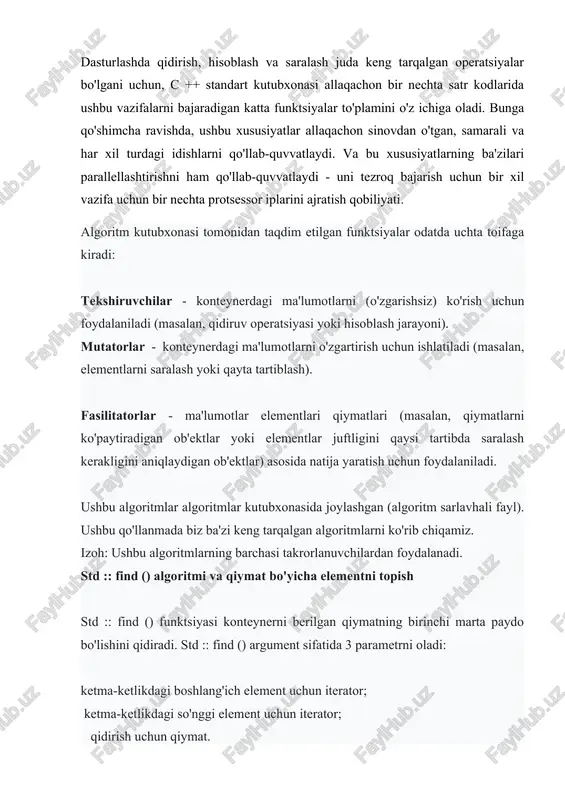 a 3 parametrni oladi: ketma-ketlikdagi boshlang'ich element uchun iterator; ketma-ketlikdagi so'nggi element uchun iterator; qidirish uchun qiymat. natijada, iterator kerakli elementga (agar topilgan bo'lsa) yoki konteynerning oxiriga (agar bunday element c bo'lmasa) ishora qilgan holda qaytariladi, izoh: ushbu darsdagi barcha misollarning to'g'ri ishlashi uchun kompilyatoringiz sizning ide-ning c ++ 17 funksiyalaridan foydalanish bo'yicha tafsilotlar, bu erda o'qing. element topilgan misol: qidirish va almashtirish uchun qiymatni kiriting:5 234 13 90 99 234 40 80 element topilmaydigan misol: qidirish va almashtirish uchun qiymatni kiriting: 0 234 0 topilmadi 13 90 99 5 40 80 std :: find_if () algoritmi va shartli elementlarni qidirish ba'zan biz konteynerda ba'zi bir shartlarga mos keladigan qiymatga ega ekanligini ko'rishni xohlaymiz (masalan, berilgan pastki qatorni o'z ichiga olgan qator). bunday holatlarda std :: find_if () funktsiyasi mukammal yordamchi bo'ladi. bu std :: find () funktsiyasiga o'xshash ishlaydi, lekin qidirish uchun qiymatni berish o'rniga biz qo'ng'iroq qilinadigan ob'ektga …
