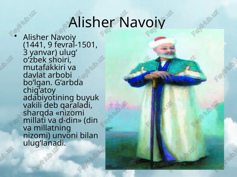 g boshlanishi»), «navodirun-nihoya» («nodirliklar nihoyasi») nomli devonlar (1470-yillar) tartib berilgan. lirik merosi umumiy hajmi 50000 misradan ortiq «xazoyinul-maoniy» nomli to`rt devon (1491—1498)ga jamlangan. navoiy she`riyatining mavzular doirasi keng, janrlar ko`lami (16) xilma-xil. g`azallari «oshiqona, orifona, rindona» (shayxzoda) sifatlar bilan o`rganiladi. g`azallarida insoniy muhabbat, ilohiy ishq bilan uyg`un holda ulug`lanib, «majoz - haqiqat ko`prigi» aqidasiga amal qilingan. alisher navoiy she`riyatidagi zohiriy ma`no yangiliklari bilan birga botiniy sifatlarni ham o`rgangandagina ularni idrok etishga erishish mumkin. «nazmul-javohir» (1485) hazrat alining «nasrul-laoliy» asarining turkiy nazmga solingani bo`lib, 266 ruboiydan iborat bu asarda axloqiy-ta`limiy qarashlar o`z aksini topgan. o`r fa shida (3-fond) navoiyga mansub 24 asarning 254 qo`lyozmasi saqlanadi, undan ko`pchiligi devonlarning nusxalari. navoiy devonlari prof. h.sulaymon tomonidan yig`ilib, tasnif etilgan. «ilk devon» sankt-peterburgdagi saltikov-shedrin kutubxonasida (inv.564) saqlanadi. «navodirun-nihoya» o`r fa shi (inv.1995) dagi nusxalari nihoyatda nodir bo`lib, ular navoiy davrida hirotda sulton ali mashhadiy (1487), abdujamil kotib (1487-88) tomonidan ko`chirilgan. xamsa alisher navoiy ijodining …