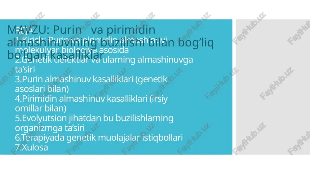 kislotasi ortiqcha to‘planadi. klinik ko‘rinishlar: og‘ir nevrologik buzilishlar, o‘zini-o‘zi shikastlash (autovagressiya), podagra, buyrak toshlari. b. podagra: purinlar parchalanishining oxirgi mahsuloti bo‘lgan siydik kislotasi ortib ketadi va bo‘g‘imlarda kristallar ko‘rinishida to‘planadi. bu kasallik genetik moyillik va atrof-muhit omillari ta’sirida rivojlanadi. hprt yoki prpp-sintetaza faolligining oshishi kasallikning irsiy shakllariga sabab bo‘ladi. 4. pirimidin almashinuv kasalliklari (irsiy omillar bilan) a. orotatsiduriya: orotatsiduriya ump-sintaza fermentining irsiy etishmovchiligi bilan bog‘liq. bu ferment pirimidin sintezida muhim rol o‘ynaydi. mutatsiyalar tufayli orot kislotasi siydikda ortadi, va dnk sintezi sustlashadi. klinik belgilari: o‘sishdan orqada qolish, gematologik buzilishlar (megaloblastik anemiya), umumiy holsizlik. b. dihidropirimidin dehidrogenaza (dpd) etishmovchiligi 5. evolyutsion jihatdan bu buzilishlarning organizmga ta’siri evolyutsion jarayonda genetik metabolik yo‘llarning saqlanishi organizm uchun ularning ahamiyatini ko‘rsatadi. purin va pirimidin almashinuvi yo‘llari barcha tirik organizmlarda deyarli bir xil bo‘lib, bu yo‘llardagi har qanday o‘zgarishlar og‘ir patologiyalar bilan yakunlanadi. ayniqsa, irsiy kasalliklar evolyutsion tanlanish orqali kam uchrasa-da, ular ko‘pincha avloddan-avlodga o‘tadi va …