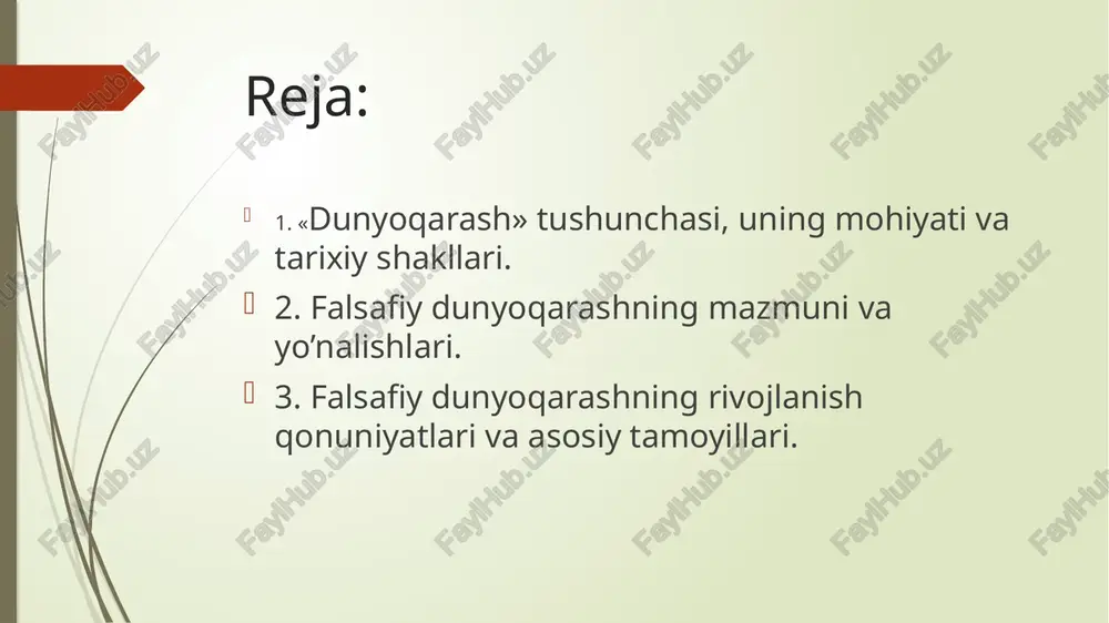 ri. kosmotsentrizm- falsafiy dunyoqarash uning asosida olamni, tabiat hodisalarni tashqi kuchlar-koinot qudrati va cheksizligi orqali tushuntirish, unga kora butun borliq koinot va kosmos sikllariga bog’liq( bu falsafa qadimgi xindiston, xitoy va qadimgi gretsiya mamlakatlariga xos. teosentrizm- falsafiy dunyoqarashning turi bolib, uning asosida butun borliqni tushuntirib bo,lmaydi, g’ayritabiiy kuch xudoning xokimiyati orqali boshqariladi deb qaraladi falsafani o’rganuvchi yondashuvlar idealizm materializm dualizm materialistlar- dunyo azaldan moddiy, ong esa bu materiyaning maxsulidir, deb xisoblovchilar idealistlar- dunyo zamirida materiyadan oldin paydo bolgan va uni yaratuvchi ideal narsalar va xodisalar yotadi, degan fikr egalari dualistlar- mutloq g’oya va borliq o’rtasidagi qarama-qarshilikni dielektik sintez asosida bartaraf qilishga urunish. falsafa haqida turli fikrlar: ba’zi ta’limotlarda falsafa “to’g’ri fikrlash orqali erishilgan bilim”,”umuman fanlarni ko’rib muhokama qiluvchi” deb keng tasavvur qilinsa , boshqalarda tor ma’noda,masalan, “fikrning mantiqiy oydinlashuvi” yoki “ umummajburiy qadriyatlar to’g’risidagi fan” sifatida tushuniladi. odatda falsafaning u yoki bu ta’rifi umuman falsafani emas balki tegishli faylasuflarning o’z …