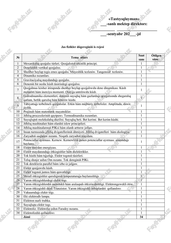 ı kúsh. 1 24 elektr togınıń jumısı hám quwatlılıǵı. 1 25 metall ótkizgishler qarsılıǵınıń temperaturaǵa baylanıslılıǵı. 1 26 yarım ótkizgishlerdegi elektr togı. 1 27 yarım ótkizgishlerdiń menshikli hám aralaspalı ótkiziwsheńligi. elektrongewekli ótiw. 1 28 yarım ótkizgishli diod. tranzistor. yarım ótkizgishli ásbaplardıń qollanılıwı 1 29 vakuumdaǵı elektr togı. 1 30 eki elektrodlı lampa. 1 31 elektron nurlı trubka. 1 32 suyıqlıqta elektr togı. 1 33 elektroliz. elektroliz ushın faradey nızamı. 1 34 elektrolizdiń qollanılıwı 1 jámi 34 dógerek oqıwshılarınıń dizimi № familiyası, atı tuwılǵan kúni, ayı, jılı klası 1 2 3 4 5 6 7 8 9 10 11 12 13 14 15 16 17 18 19 20 21 22 23 24 25 26 27 28 29 30 sáne: ___________ klass: ______ 1-tema: mexanikalıq qozǵalıs túrleri. qozǵalıstıń erkinlik principi · sabaqtıń maqsetleri: 1. tálim beriwshi maqseti: oqıwshılarda taza tema haqqında túsiniklerdi qáliplestiriw. 2. tárbiyalıq maqseti: oqıwshılardıń pánge bolǵan qızıǵıwın arttırıw hám …