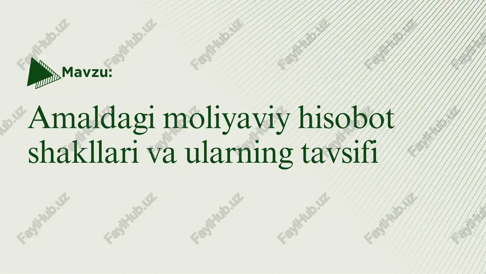 (litsenziyalar, patentlar) investitsiyalar (1 yildan ortiq) uzoq muddatli debitorlik qarzlari 🔹 joriy (qisqa muddatli) aktivlar: pul mablag‘lari (naqd pul, bankdagi hisob) qisqa muddatli debitorlik qarzlari tayyor mahsulot va xom ashyo zaxiralari oldindan to‘langan to‘lovlar majburiyatlar (korxonaning qarz va majburiyatlari) 🔹 uzoq muddatli majburiyatlar: bank kreditlari (1 yildan ortiq) qarzdorlik majburiyatlari 🔹 qisqa muddatli majburiyatlar: kreditlar (1 yildan kam) kreditorga qarzlar hisob-kitoblar bo‘yicha majburiyatlar soliq qarzlari ish haqi va boshqa to‘lovlar ustav kapitali qo‘shimcha kapital taqsimlanmagan foyda zaxira fondlar 2-son forma — bu korxonaning muayyan davr (oy, chorak yoki yil) ichida topgan daromadi, qilgan xarajatlari, hamda sof foyda yoki zararini ko‘rsatadigan moliyaviy hujjatdir. bu hisobot korxonaning moliya natijalarini tahlil qilish, soliq bazasini aniqlash, foyda qilish darajasini baholash va investorlar yoki soliq organlariga ma’lumot berish uchun ishlatiladi. 2-son forma: moliyaviy natijalar toʻgʻrisidagi hisobot 2-son forma tarkibi va asosiy qismlari tovar, mahsulot, ish yoki xizmatlardan olingan tushum yordamchi faoliyatdan tushgan daromad boshqa daromadlar …