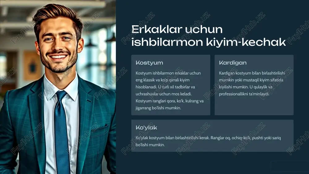 o'zaro to'ldiruvchi va xushbichimli ko'rinish yaratishga yordam beradi. 3 ranglarning ma'nosi turli ranglar turli ma'nolarni anglatadi. qizil rang energiya, qora rang kuch, ko'k rang ishonch, yashil rang o'sishni anglatadi. 5 kiyiladigan kiyimning materiallar sifati paxta paxta tabiiy, nafas oladigan va qulay material hisoblanadi. u ishbilarmon kiyimlari uchun eng keng tarqalgan materiallardan biridir. jun jun issiq, bardoshli va nafis material hisoblanadi. u qishki kiyimlar uchun mos keladi. ipak ipak yumshoq, silliq va hashamatli material hisoblanadi. u maxsus tadbirlar uchun mos keladi. 6 kiyimnning tozaligi va parvarishi tozalik kiyimlar har doim toza va dazmollangan bo'lishi kerak. parvarish kiyimlarga tegishli parvarish qilish kerak. har bir materialga alohida parvarish talab etiladi. saqlash kiyimlar to'g'ri saqlanishi kerak. kiyimlarni osish yoki katlash orqali saqlash mumkin. 7 kiyimdagi aksessuarlar va ularning ro'li aksessuarlar ro'li g'alati kostyumni to'ldiradi va shaxsiyatni aks ettiradi soat vaqtni kuzatishga yordam beradi va o'ziga ishonchni oshiradi sumka hujjatlar va boshqa buyumlarni tashish uchun …