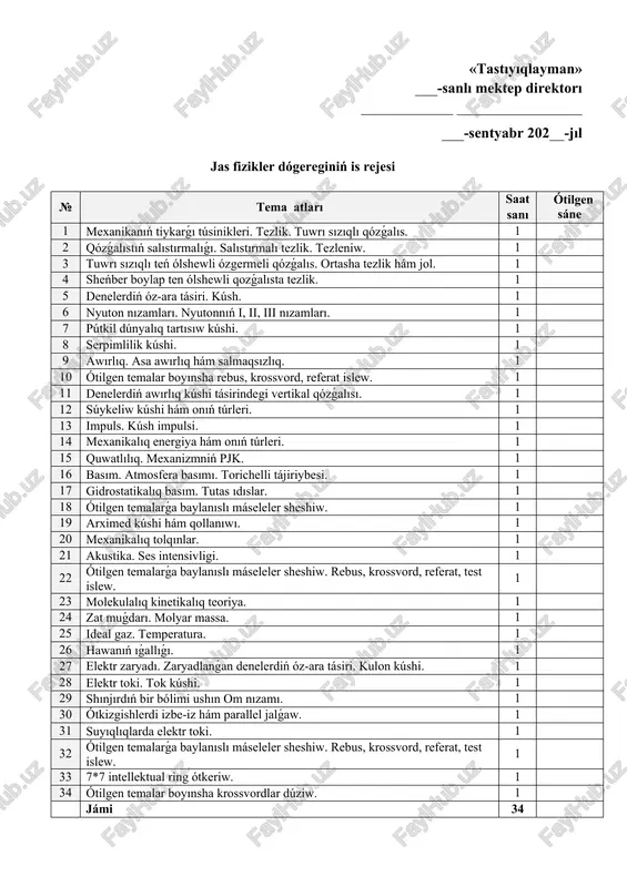 tual ring ótkeriw. 1 34 ótilgen temalar boyınsha krossvordlar dúziw. 1 jámi 34 dógerek oqıwshılarınıń dizimi № familiyası, atı tuwılǵan kúni, ayı, jılı klası 1 2 3 4 5 6 7 8 9 10 11 12 13 14 15 16 17 18 19 20 21 22 23 24 25 26 27 28 29 30 sáne: ___________ klass: _______ 1-tema: mexanikanıń tiykarǵı túsinikleri. tezlik. tuwrı sızıqlı qózǵalıs · sabaqtıń maqsetleri: 1. tálim beriwshi maqseti: oqıwshılarda taza tema haqqında túsiniklerdi qáliplestiriw. 2. tárbiyalıq maqseti: oqıwshılardıń pánge bolǵan qızıǵıwın arttırıw hám tábiyatqa bolǵan jaqsı kóz-qarasların rawajlandırıw. 3. rawajlandırıwshı maqseti: oqıwshılarda tájiriybe hám kónlikpelerdi qáliplestiriw. · sabaqtıń metodları: dástúriy, dástúriy emes, intereaktiv metodlar. · sabaq quralları: didaktikalıq materiallar, tarqatpa sorawlar, kórgizbeli qurallar. · sabaq barısı: · shólkemlestiriwshi bólim: sálemlesiw, qatnastı anıqlaw. · ótilgen temanı tákirarlaw: soraw-juwap, didaktik materiallar, tarqatpa sorawlar arqalı ótilgen tema bekkemlenedi. · taza tema túsindiriw: deneniń teń ólshewli qozǵalatuǵın tezligi dene …