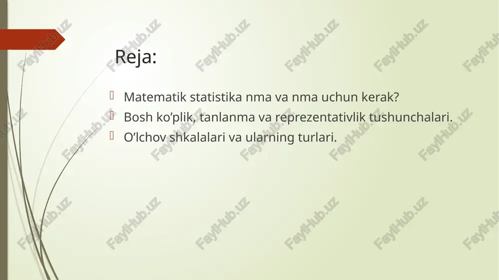 o’rganilayotgan xususiyatlarning xarakteristikasidan kelib chiq, bosh koplikka chegaralar belgilanishi mumkun. bosh ko’plik o’zgaruvchilari n bilan belgilanadi. tanlanma- tadqiqot o’tkazish uchun bosh ko’plikdan ajratib olingan har bir guruxchalar elementlari: sinaluvchilar, respondentlar, ishtirokchilardir. bunda psixolog tomonidan o’rganilayotgan tanlanmaning aloxida elementi respondent, sinaluvchi deb yuritiladi. tanlanma to’plami n bilan belgilanadi. tanlanmada n soni 2 tadan kam bolmasligi kerk. statistikada kichik n<30, orta n<30100 tanlanma farqlanadi. reprezentativlik ( fransuzcha biror narsani ifodolovchi, korsatuvchi harakterli)- tanlanma belgilarining populyatsiya yoki umumiy populatsiya belgilariga mos kelishi. reprezentativlik ma’lum bir namunadan foydalangan holda tadqiqot natijalarini u toplangan butun populatsiyaga umumlashtirish imkoniyatini belgilaydi. shuningdek, reprezentativlik tadqiqot maqsadlari nuqtayi nazaridan muxim bolgan umumiy populatsiya parametrlarini ifodalash uchun tanlanma populatsiyasining xususiyati sifatida belgilanishi mumkun. reprezentativlikka misol: talabalardan “elektron kitobni o’qigan avzalmi yoki oddiy kitob shaklidagi kitobni oqish qulaymi” degan so’rovnoma otkazmoqchimiz. talabalar sonini 1 000 000 ta deb oladigan bo’lsak, biz hamma 1 000 000 talabadan sorovnomani otkaza olmaymiz. bunday vaziyatta …