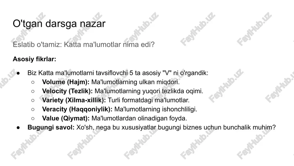 diqligini oshirish. 4. yangi mahsulot va xizmatlarni yaratish: ma'lumotlar tahlili orqali yangi daromad manbalarini topish. amaliy misol: operatsion samaradorlik foyda #1: xarajatlarni kamaytirish va samaradorlik misollar: ● ta'minot zanjirini optimallashtirish: ○ tashuv kompaniyalari (masalan, ups) real vaqtda yo'l harakati va ob-havo ma'lumotlarini tahlil qilib, eng qisqa va tejamkor yo'nalishlarni aniqlaydi. bu yoqilg'i sarfini va yetkazib berish vaqtini keskin kamaytiradi. ● prognozli texnik xizmat (predictive maintenance): ○ zavodlardagi uskunalarga o'rnatilgan sensorlar ma'lumotlarini tahlil qilib, qaysi uskuna qachon ishdan chiqishini oldindan bashorat qilish. bu kutilmagan to'xtalishlarning oldini oladi va ta'mirlash xarajatlarini kamaytiradi. amaliy misol: mijozlar tajribasi foyda #2: mijozlarni baxtli qilish misollar: ● shaxsiylashtirilgan tavsiyalar (personalization): ○ amazon: sizning oldingi xaridlaringiz va ko'rgan mahsulotlaringiz asosida "sizga ham yoqishi mumkin" bo'lgan tovarlarni taklif qiladi. ○ spotify: tinglagan musiqalaringizga asoslanib, har hafta siz uchun maxsus "haftalik kashfiyotlar" pleylistini yaratadi. ● mijozlarning "oqib ketishi"ni bashorat qilish (churn prediction): ○ telekom kompaniyalari qaysi mijozlar shartnomani bekor …