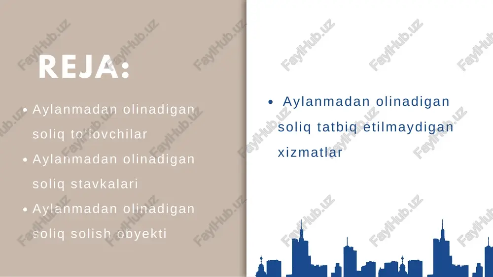 adbirkorlar vision 1-usul 01 2-usul daromadi 500 mln so‘mgacha bo‘lgan yatt uchun - soliq yiliga 25 mln so‘mni tashkil etadi. 02 daromadi 500 mln so‘mdan yuqori bo‘lgan yatt uchun soliq yiliga 34 mln so‘mni tashkil etadi. 01 soliq umumiy yillik daromadning foizi sifatida aniqlanadi, bunda standart stavka ko‘pchilik faoliyat turlari uchun 4% ni tashkil qiladi. 02 chakana savdoda stavka yattning joylashgan joyiga qarab 2% yoki 1% ni tashkil etadi. aylanmadan olinadigan soliqni hisoblash formulasi agar s iz aylanmadan ol inadigan sol iqni h isoblash uchun formuladan foydalanmoqchi bo‘ lsangiz, quyidagi formulani qo‘ l lang: aylanmadan olinadigan soliq = stavka × jami yil l ik daromad thesis defense | 2030 aylanmadan olinadigan soliq solish obyekti lorem ipsum dolor sit amet, consectetur adipiscing elit. ut suscipit risus vitae lorem rutrum, sit amet maximus neque mattis. maecenas ultrices lobortis quam varius tincidunt. fusce ultricies nibh a laoreet convallis. overview lorem ipsum dolor sit …