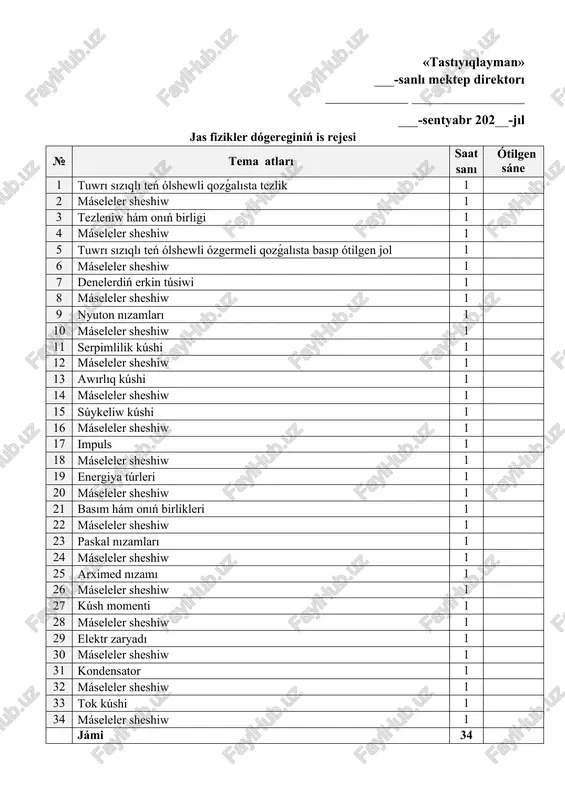 tarqatpa sorawlar, kórgizbeli qurallar. · sabaq barısı: · shólkemlestiriwshi bólim: sálemlesiw, qatnastı anıqlaw. · ótilgen temanı tákirarlaw: soraw-juwap, didaktik materiallar, tarqatpa sorawlar arqalı ótilgen tema bekkemlenedi. · taza tema túsindiriw: deneniń teń ólshewli qozǵalatuǵın tezligi dene basıp ótken joldıń usı joldı basıp ótiw ushın ketken waqıtqa qatnası menen anıqlanadı. deneniń teń ólshewli qozǵalısındaǵı tezligi joldıń qálegen bóliminde birdey boladı. hárqanday sandı 1 ge bólse, nátiyjeniń sol sanǵa teń ekenligi belgili. eger (1)-formulada t = 1 s bolsa, onda waqıt birligindegi basıp ótilgen jolǵa teń bolǵan shama tezlik dep ataladı. xbs da tezliktiń birligi sıpatında m/s qabıl etilgen. waqıt birligindegi basıp ótilgen jolǵa teń bolǵan shama tezlik dep ataladı. · taza temanı bekkemlew: máseleler sheshiw hám soraw juwap arqalı taza tema bekkemlenedi. · oqıwshılardı bahalaw: · úyge tapsırma: temanı oqıw, máseleler sheshiw. oibdo: ___________ __________________ sáne: ___________ klass: _______ 2-tema: máseleler sheshiw · sabaqtıń maqsetleri: 1. tálim beriwshi maqseti: oqıwshılarda taza …