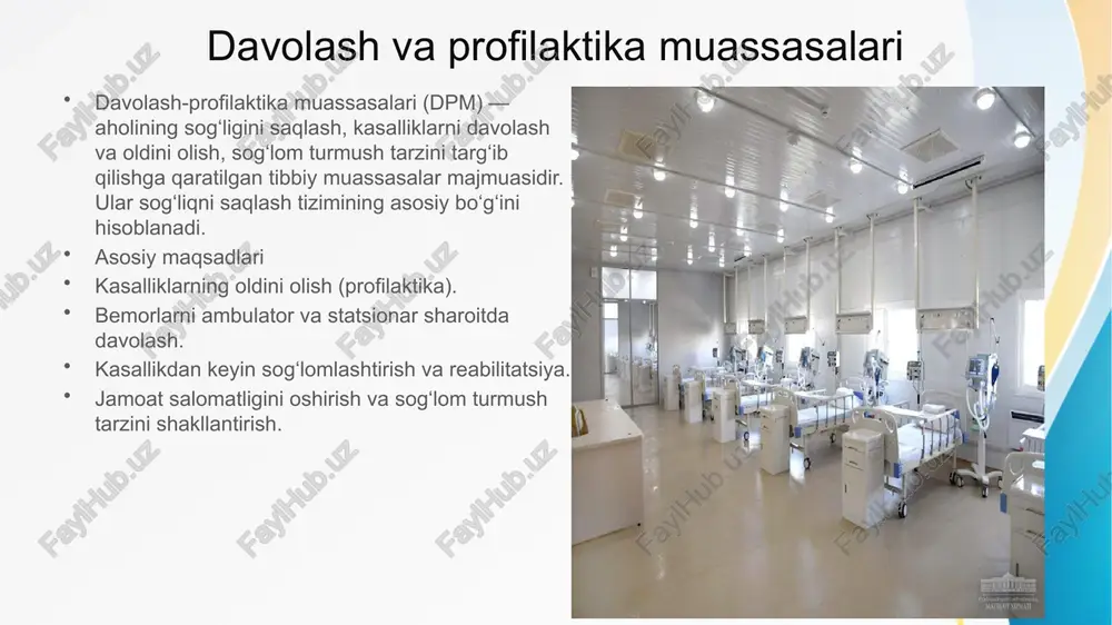 odontitni davolash. jarrohlik stomatologiya – tish chiqarish, yallig‘lanish va jarrohlik amaliyotlari. ortopedik stomatologiya – protezlash, implantatsiya. ortodontiya – tish va jag‘ notekisliklarini tuzatish. bolalar stomatologiyasi – bolalar tishlari uchun alohida xizmatlar. diagnostika – rentgen, kt va boshqa tekshiruvlar. inshoot va jihozlar zamonaviy stomatologik kreslolar va asbob-uskunalar. rentgen va diagnostika xonalari. gigiyena va dezinfeksiya talablari. huquqiy tartib litsenziya va sanitariya-gigiyena me’yorlariga rioya qilish. xizmatlar davlat standartlari asosida ko‘rsatiladi. bemorlar uchun xizmat turlari: davolash, protezlash, ortodontiya va boshqalar. qabul tartibi: yozilish, ko‘rik va davolash rejasi. narxlar va sug‘urta imkoniyatlari. etiboringiz uchun raxmat. image1.jpeg image3.jpeg image4.jpeg image5.jpeg image6.jpeg image2.jpeg /docprops/thumbnail.jpeg