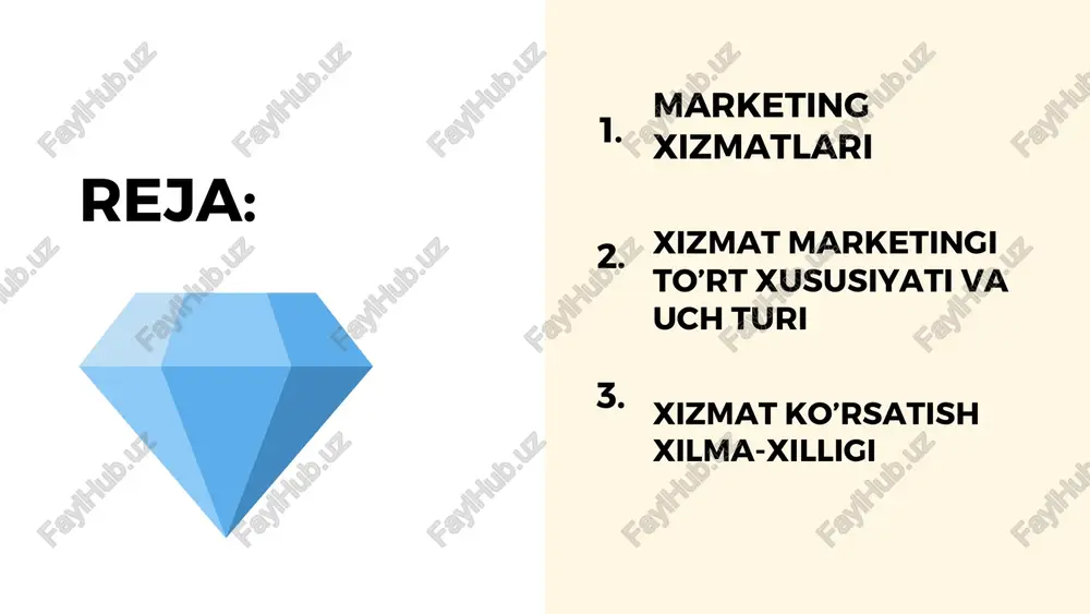 lar bilan aloqada bo‘ladigan ishchilarini ruhlantirib, xizmat ko‘rsatuvchilarni xaridorlar talablarini qondirishlari uchun bir jamoa bo‘lib ishlashlariga e’tibor qaratadi. marketologlar tashkilotdagi har bir ishchining bor e’tiborini xaridorlarga qaratishini ta’minlashi kerak. interaktiv marketing xizmat ko‘rsatish sifati judayam kuchli ravishda xizmat ko‘rsatish davomida ishchi va xaridorning o‘zaro munosabatlariga bog‘liqligiga urg‘u beradi. mahsulot marketingida 122 mahsulot sifati u mahsulot qanday qabul qilinganiga unchalik ham bog‘liq emas. lekin xizmat ko‘rsatish marketingida xizmat sifati xizmat ko‘rsatuvchi va xizmatning qanday yetkazilishiga bog‘liq. xizmat ko’rsatish xilma-xilligi hozirgi kunda kuchli darajadagi narx raqobati paytida, xizmat ko‘rsatish marketologlari o‘z raqobatdoshlariga nisbatan xizmat ko‘rsatish xilma-xilligiga erishish qiyinligi haqida norozichilik bildiradilar. bunga qo‘shimchasiga, xaridorlar turli xildagi xizmat ko‘rsatuvchi kompaniyalarni deyarli bir xilda ko‘rib, xizmat ko‘rsatuvchidan ko‘ra xizmat narxiga ko‘proq ahamiyat qaratadilar. narx raqobatiga yechim bu turli xildagi takliflarni, yetkazib berish va ko‘rinishni rivojlantirishdan iborat.