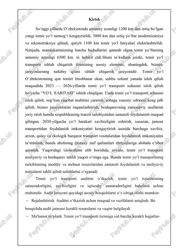 istonning qon tomiri hisoblanar ekan, ushbu sohani yanada isloh qilish maqsadida 2023 — 2026-yillarda temir yo‘l transporti sohasini isloh qilish bo‘yicha “yo‘l xaritasi” ishlab chiqilgan. unda temir yo‘l transporti sohasini isloh qilish, sog‘lom raqobat muhitini yaratish, sohaga xususiy sektorni keng jalb qilish, biznes jarayonlarini raqamlashtirish, boshqaruvning zamonaviy usullarini joriy etish hamda respublikaning tranzit salohiyatidan samarali foydalanish maqsad qilingan. 2030-yilgacha yo‘l harakati xavfsizligini oshirish, xususan, jamoat transportidan foydalanish imkoniyatini kengaytirish asosida barchaga xavfsiz, arzon, qulay va ekologik barqaror transport vositalaridan foydalanish imkoniyatini ta’minlash, bunda aholining ijtimoiy zaif qatlamlari ehtiyojlariga alohida e’tibor qaratish. yuqoridagi islohotlarni olib borishda, avvalo, temir yo‘l transporti moliyaviy va boshqaruv tahlili yuqori o‘ringa ega. bunda temir yo‘l transportining tarkiblarning moddiy va mehnat resurslaridan samarali foydalanish va moliyaviy natijalarni tahlil qilish uslublarini o‘rganadi. temir yo‘l transporti auditini o‘tkazish, temir yo‘l tizimlarining samaradorligini, xavfsizligini va iqtisodiy samaradorligini baholash uchun muhimdir. audit jarayoni quyidagi asosiy bosqichlarni o‘z ichiga olishi mumkin: · …