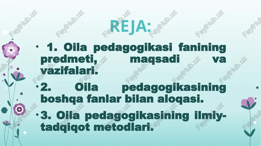 tli ish uslublarini o‘rganish; - redagog mutaxassislar bilan hamkorlikgini o‘rnatish; - inson tarbiyasiga doir muammolarni hal qilish doimiy va hayotiy izlanishlarni talab etadi. oilada ota-ona aniq maqsad qo‘yib, o‘z ustida ishlash, izlanish, tanlangan vosita va usullarni qo‘llash natijasini ko‘ra bilishi, tarbiyachilik san’atiga ega bo‘lishi lozim. ta’lim–tarbiyaning zamonaviy talab darajasiga va tarbiya qonuniyatlariga amal qiladi; oilada beriladigan tarbiya mazmuni; oilada farzand tarbiyasida qo‘llanadigan usul va vositalar; insoniyatning ma’naviy rivojlanishi bilan oilada farzand tarbiyasining uyg‘unligi; oilada farzand tarbiyasidagi mahorat va madaniyatga amal qilish. oila pedagogikasining predmeti: 2. oila pedagogikasining boshqa fanlar bilan aloqasi 11 “oila pedagogikasi” fanining boshqa fanlar bilan o‘zaro aloqadorligi yoritib bering. o‘z mohiyati, amaliy ahamiyatiga ko‘ra “oila pedagogikasi” fani ijtimoiy fanlar sirasiga kiradi. shunga ko‘ra u boshqa ijtimoiy-gumanitar fanlar bilan ham o‘zaro bog‘liqlik va aloqadorlikda rivojlanadi. “oila pedagogikasi” fanining rivojiga bevosita ta’sir ko‘rsatuvchi fanlarni ularning yo‘nalishiga ko‘ra quyidagi guruhlarga ajratish mumkin: № fanlar turkumi fanlar 1. pedagogik turkum fanlar …