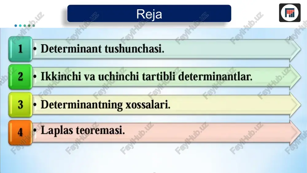 terminantlar nazariyasi — chiziqli tenglamalar sistemasini yechish masalasi bilan bog‘liq holda vujudga kelgan. xvi asrda 2x2 matritsalarning determinantlarini kardano topgan. 1693 yilda leybnits tomonidan yugqori o‘lchovli matritsalar uchun determinantning ta‘rifi berilgan. determinantlar nazariyasi vandermond, laplas, koshi va yakobi tomonidan yaratilgan. 1801 yilda k.gauss kvadratik shaklning diskriminantini “determinant? deb atagan, ammo _hozirgi ma’nodagi “aniglovchi’, ya’ni determinant atamasi 1815 yilda \okesn tomonidan kiritilgan. / ‘tarif. n-artibli — a a 1 ae an ‘es ay, yg ann qn ang ann kvadrat matritsaning n-tartibli determinanti deb, ay ag -«- ap a. a. a. 21 22 2. det(a) =|a]= i an ang ann songa aytiladi. 1-tartibli determinant a2 2-tartibli determinant a2 42 43 ayr ang 3-tartibli determinant 43, 433 ilzaaily 4, 42 = a) * ayn — ayn * ag) a, ap formula bilan aniqlanadi. -_ =3-2-5-1=6-5=1, 1 2 4 9 -3 7 q | 4-7—9-(—3) =-28+27 4, 42 43 ay, a2 yg) = ay …