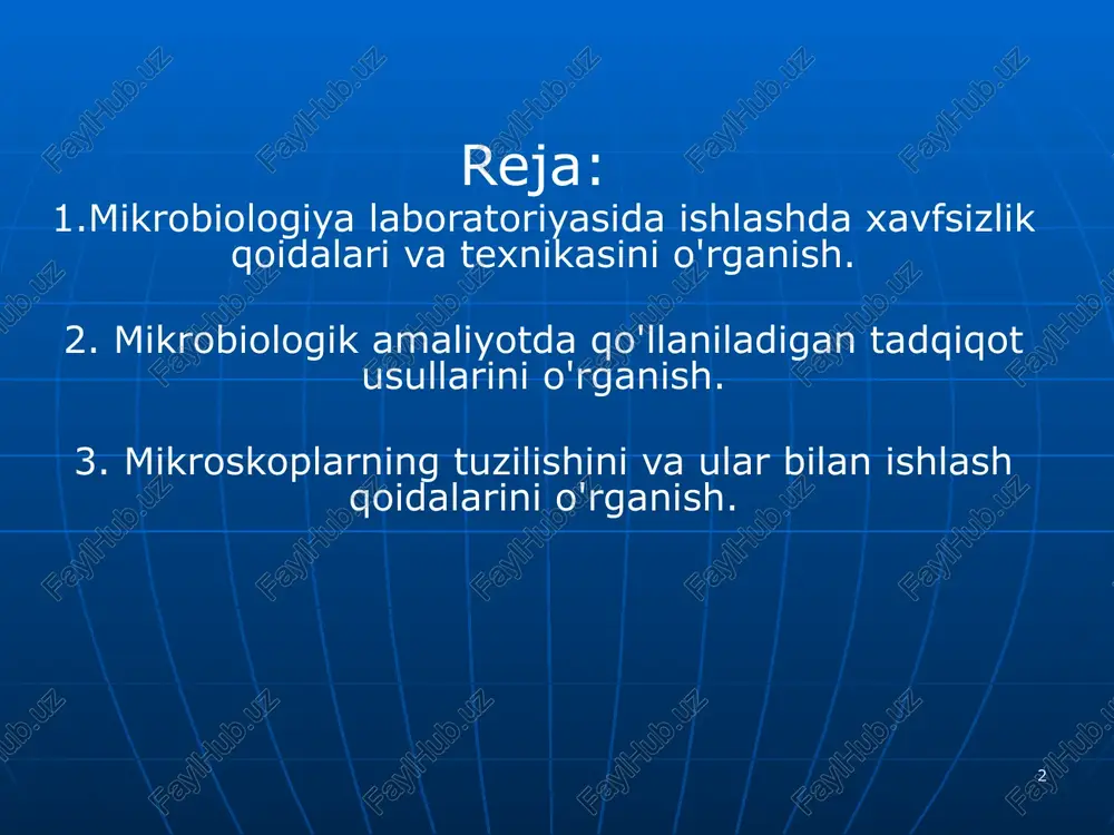 gik reaktsiyalarda kasal yoki kasal hayvondan olingan qon zardobida bakteriyalarni aniqlashga asoslangan. 5 mikroskop bilan ishlash tartibi: 6 7 binokulyar mikroskop 8 9 shtativda taglik va ustun (naycha ushlagichi) mavjud. uning yonida trubaning holatini tartibga solish uchun mexanizmlar qutisi va tishli g'ildiraklar tizimi mavjud. tizim makrometrik va mikrometrik vintlarni aylantirish orqali boshqariladi. makrometrik vint (makrovint) ko'rib chiqilayotgan ob'ektning tasvirini taxminiy o'rnatish uchun ishlatiladi. fokus uzunligini o'zgartirish orqali ob'ektning yanada kontrastli tasvirini olish uchun mikrometr vinti (mikrovint) ishlatiladi. mikrovint to'liq aylantirilganda quvur 0,1 mm (100 mkm) ga harakatlanadi. 10 buyum oynachasi - o'rganish ob'ekti bilan preparatni joylashtirish va preparat ushlagich yordamida stolga mahkamlash uchun ishlatiladi. tubus (naycha) - bu mikroskop okulyar o'rnatilgan ramka. ob'ektiv (lotincha obyektum - ob'ektdan) mikroskopning eng muhim qismidir. bu ko'p linzali qisqa fokusli tizim bo'lib, uning sifati asosan ob'ektning tasvirini belgilaydi. 11 okulyar (lotincha okularis - ko'z) okulyar ikkita linzadan iborat - ko'z (yuqori) va maydon yoki …