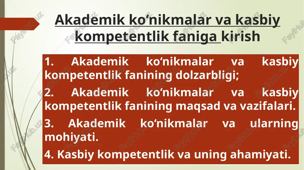 falari. fanning maqsadi - talabalarda mustaqil ta’lim olish, ilmiy va tanqidiy fikrlashni shakllantirish; kasbiy muhitga moslashish va samarali muloqot ko‘nikmalarini rivojlantirish; professional kompetentligini oshirish va nazariy bilimlarni amaliyotga tatbiq etish. akademik ko‘nikmalar va kasbiy kompetentlik fanining maqsad va vazifalari. fanning maqsadi – o’z imkoniyatlarini ijodiy faoliyat ko’rsatishga, ijtimoiy sohada qo’llashga, uning ahamiyatini his qilishga o’rgatish; kasbga nisbatan shaxsiy ma’suliyatni his qilishi, doimo uzliksiz ravishda o’z ustida ishlashi kabi fazilatlarni ro’yobga chiqarishdan iborat. akademik ko‘nikmalar va kasbiy kompetentlik fanining maqsad va vazifalari. fanning vazifasi - akademik yozuv va nutq madaniyatini o‘rgatish; vaqtni boshqarish va ma’lumotlar bilan ishlash ko‘nikmalarini shakllantirish; guruhda ishlash va yetakchilik ko‘nikmalarini rivojlantirish; akademik ko‘nikmalar va kasbiy kompetentlik fanining maqsad va vazifalari. tanqidiy va ijodiy fikrlashni o‘rgatish; kasbiy etika va professional me’yorlarni tushuntirish; ta’lim texnologiyalarini loyihalash va rejalashtirishga doir proyektiv, prognoztik va kreativ kompetentlikni rivojlantirishdan iborat akademik ko‘nikmalar va kasbiy kompetentlik fanining maqsad va vazifalari. 90-yillarda fanga tayanch kompitensiya …