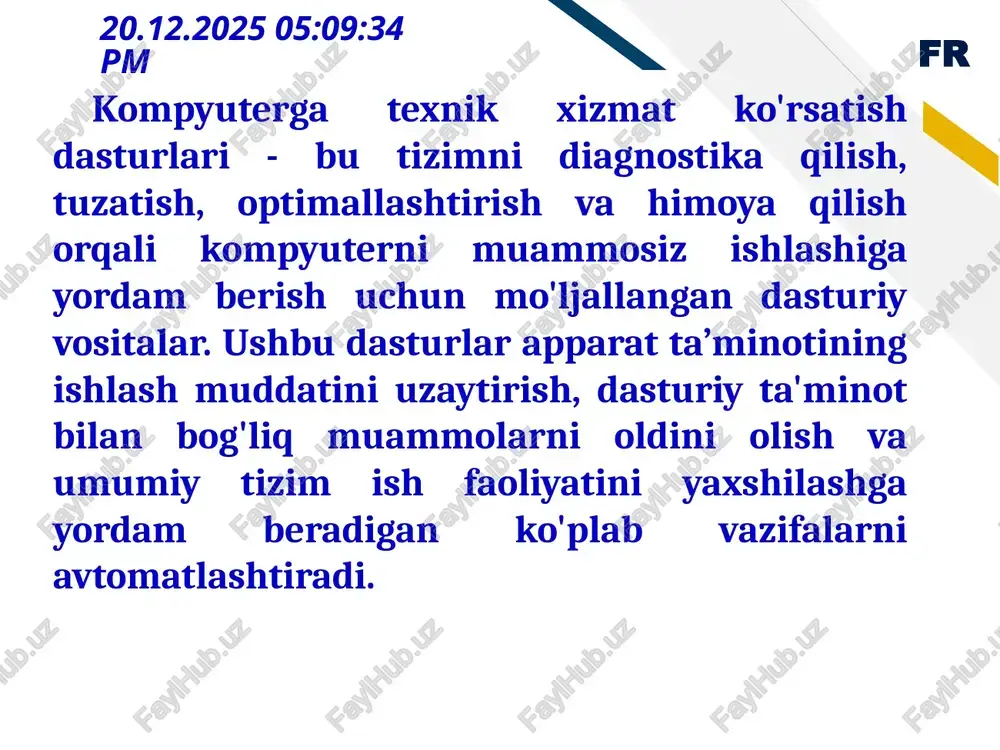 lar ko'proq joy egallayotganini va ularni o'chirish mumkinligini ko'rsatadi. veb brauzerlar, dasturlar va operatsion tizim tomonidan yaratilgan kesh fayllarni o’chiradi. kesh fayllari tez-tez ishlatiladigan ma'lumotlarni saqlash uchun ishlatiladi, ammo vaqt o'tishi bilan ularning soni ortib, kompyuter tezligini sekinlashtirishi mumkin. fr 6 08.10.2025 22:23:25 disk tozalash dasturlari ccleaner bleachbit cleanmypc windows disk cleanup glary utilities fr 7 08.10.2025 22:23:25 ccleaner dasturi fr 8 08.10.2025 22:23:25 ccleaner dasturi fr 9 08.10.2025 22:23:25 ccleaner dasturi fr 10 08.10.2025 22:23:25 ccleaner dasturi fr 11 08.10.2025 22:23:25 ccleaner dasturi fr 12 08.10.2025 22:23:25 ccleaner dasturi fr 13 08.10.2025 22:23:25 defragmentatsiya dasturi defragmentatsiya dasturlari kompyuterdagi qattiq diskda (hdd) parchalanib ketgan ma'lumotlarni qayta tashkil qilish uchun ishlatiladi. ma'lumotlar qattiq diskda saqlanayotganda vaqt o'tishi bilan parchalanishi mumkin, ya'ni fayllarning qismlari diskning turli joylarida joylashadi. bu esa fayllarni o'qish jarayonini sekinlashtiradi, chunki qattiq diskning o‘qish boshi fayllarni yig'ish uchun bir necha joyga murojaat qilishi kerak bo'ladi. defragmentatsiya ushbu parchalarni …