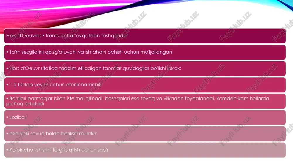 kechki ovqat menyularini toping • fastfood restoranlarida va ajoyib restoranlarda topiladi • to‘rtta oddiy elementning kombinatsiyasi • non • spread • to‘ldirish • garnitür sovuq sendvichlar • ko'pincha dilimlenmiş go'sht va pishloq yoki maynezli salatlar, masalan, tuxum salatasi, tovuq salatasi yoki orkinos salatasi bilan to'ldiriladi. • sovuq sendvichlarning oltita asosiy turi: • yopiq sendvich • 2 dona non, orasiga to'ldirilgan. • ochiq yuzli • ingredientlar solingan faqat bir bo‘lak boncukdan foydalaniladi • barmoqli sendvich • choy sendvichi ham deyiladi • turli shakllarga (olmos, doira, uchburchak va h.k.) kesilgan. qahramon sendvichi katta yopiq sendvich. ko'pincha shunday deb ataladi: "submarine", "hoagies", "grinders" va hokazo. yupqa to'g'ralgan go'sht, pishloq, pomidor va salat bilan to'ldirilgan klub sendvichi ikki qavatli yopiq sendvich 3 bo'lak non (yoki tost) ishlatiladi. , tovuq, cho'chqa go'shti, salat va pomidor bilan to'ldirilgan odatda 4 ta uchburchak shaklida kesiladi (ovqatlanishni osonlashtiradi) va tish pichog'i bilan birga ushlab turiladi. o'ramlar va pita …