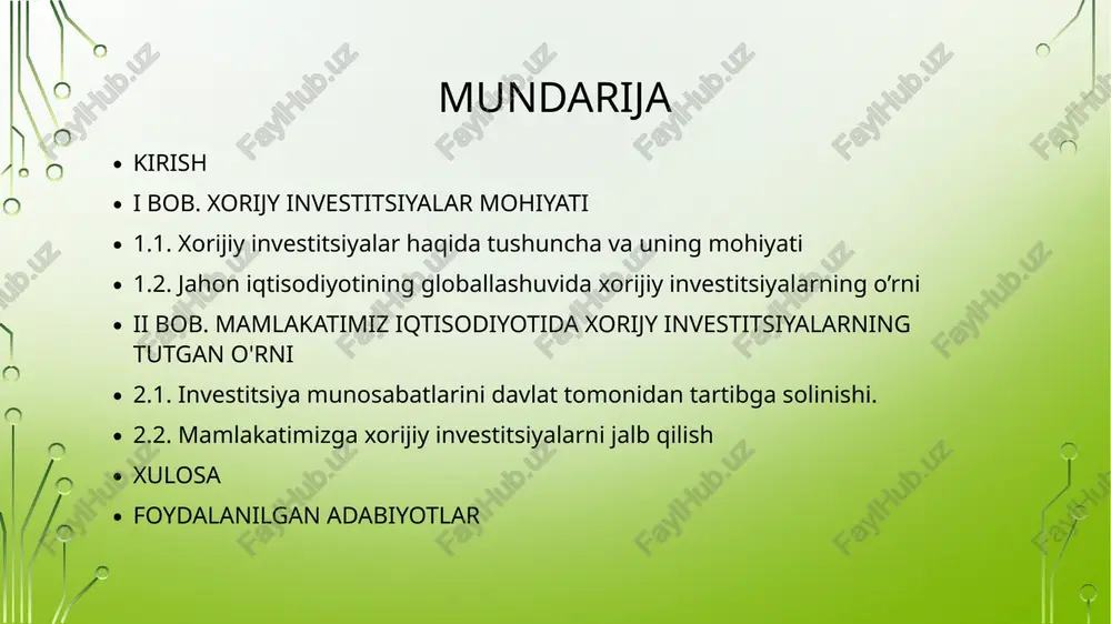 ishlab chiqarishni modernizatsiya qilish, yangi texnologiyalarni joriy etish va bandlikni oshirish bevosita investitsiyalar hajmi bilan chambarchas bog‘liqdir. shu boisdan ham xorijiy kapitalni jalb etish har bir davlatning strategik iqtisodiy siyosatida alohida o‘rin tutadi. xorijiy investitsiya deganda — chet el investorlarining foyda olish yoki ijtimoiy samara ko‘rish maqsadida milliy iqtisodiyotdagi korxonalar, tashkilotlar yoki infratuzilma obyektlariga kiritgan moddiy, moliyaviy va nomoddiy boyliklari tushuniladi. ular kapital, texnologiya, nou-xau, intellektual mulk, qimmatli qog‘ozlar yoki boshqa aktivlar shaklida bo‘lishi mumkin. o‘zbekiston respublikasining “chet el investitsiyalari to‘g‘risida”gi qonunida xorijiy investitsiyalar iqtisodiy faoliyatni rivojlantirish, foyda olish hamda milliy iqtisodiyotning tarkibiy tuzilishini yaxshilashga qaratilgan barcha turdagi mablag‘lar va huquqlar sifatida ta’riflangan. mazkur qonun xorijiy sarmoyadorlarga teng huquqli ishtirok, ularning mulk huquqini himoya qilish va kafolatlash imkonini beradi. xorijiy investitsiyalar o‘z mohiyatiga ko‘ra ikki asosiy guruhga bo‘linadi: bevosita (to‘g‘ridan-to‘g‘ri) investitsiyalar – xorijiy investorlar tomonidan ishlab chiqarish, xizmat ko‘rsatish yoki infratuzilma obyektlarini tashkil etish uchun kiritilgan sarmoyalar. ular ishlab chiqarish …