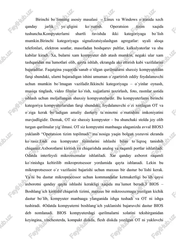 `ich kiritishg'chiqarish tizimi, maxsus bir mikrosxemaga yozilgan kichik dastur bo`lib, kompyuter manbaaga ylanganida ishga tushadi va ot ni ishga tushiradi. 4odatda kompyuterni boshlang`ich yuklanishi bajaruvchi dastur bios deb nomlanadi. bios kompyuterdagi qurilmalarni xolatini tekshirganidan keyingina, vinchesterda, kompakt diskda, flesh diskda yozilgan ot ni yuklovchi dasturini ishga tushiradi. ot mi yuklanib bo`lgandagina foydalanuvchi kerakli bo`lga ishni bajarishi mumkin. ot mi bu kompyuter qurilmalari va odam o`rtasidagi bog`lovchidir. keng tarqalgan ot laridan biri bu windows dir. ko`pchilik kompyuter, yoki ot deganda aynan windows oynalarini ko`z oldiga keltiradi, lekin aslida windows bu faqatgina ot larnin birgina turidir. windows ot dan tashqari solaris, osg'2, macos, linux. freebsd, beos kabi ot mavjud.windowsmicrosoft korporatsiyasi tomonidan ishlangan windows ot ni turli versiyalari mavjud. microsoft korporatsiyasini operatsion tizimlar bozorini egallash eng sodda ms dos ot ni yaratilishidan boshlandi. ms dos ni grafik interfeysi 4 mavjud bo`lmagan, lekin ishlatilishi oson va qulay edi. grafik interfeyslar windows ot larida paydo …