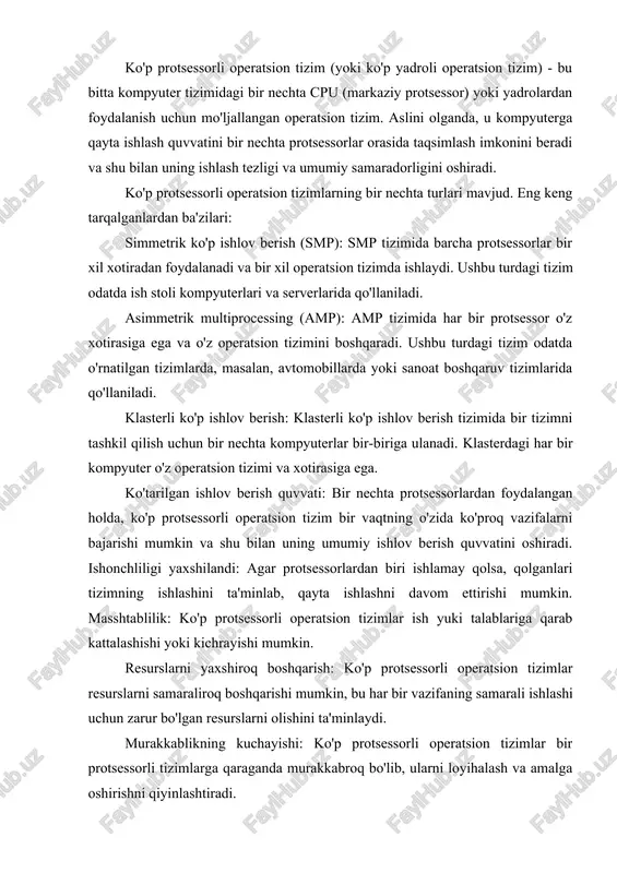 qarishi mumkin, bu har bir vazifaning samarali ishlashi uchun zarur bo'lgan resurslarni olishini ta'minlaydi. murakkablikning kuchayishi: ko'p protsessorli operatsion tizimlar bir protsessorli tizimlarga qaraganda murakkabroq bo'lib, ularni loyihalash va amalga oshirishni qiyinlashtiradi. yuqori xarajat: ko'p protsessorli tizimlar odatda bitta protsessorli tizimlarga qaraganda qimmatroq bo'lib, ularni kichikroq tashkilotlar uchun kamroq qulay qiladi. quvvat iste'molining oshishi: ko'p protsessorli tizimlar bir protsessorli tizimlarga qaraganda ko'proq quvvat sarflaydi, bu esa yuqori energiya xarajatlariga olib kelishi mumkin. ko'p darajali tizimlar ko'p darajali tizimlar operatsion tizimlar bo'lib, ular har biri o'ziga xos to'plamga ega bo'lgan bir nechta abstraksiya qatlamlaridan iborat. ko'p darajali tizimlarning turlari: ko'p darajali tizimlarning bir nechta turlari mavjud. eng keng tarqalganlardan ba'zilari: ko'p vazifali operatsion tizimlar: bu tizimlar xotira va protsessor vaqti kabi tizim resurslarini bo'lishib, bir vaqtning o'zida bir nechta ilovalarning ishlashiga imkon beradi. virtual mashina tizimlari: bu tizimlar bir nechta operatsion tizimlarni bitta jismoniy mashinada, har biri o'zining izolyatsiya qilingan muhitida …