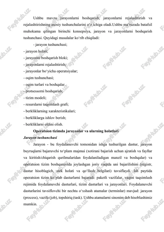 gan jarayon quyidagi asosiy ma’lumotlarni o‘z ichiga oladi: jarayon holatlari jarayon ishga tushganda, jarayon o‘z holatini quyidagicha o‘zgartirishi mumkin: yangi (new): jarayon operatsion tizim tomonidan yaratilgan, ammo hali ishga tushmagan; bajarish (running): jarayon buyruqlari protsessorda bajariladi yoki ot ishlaydigan kompyuter tizimining protsessorida; kutish (waiting): jarayon qandaydir hodisa sodir bo‘lishini kutmoqda, masalan, kiritish/chiqarishni (i/o) tugallanishini. kutish holatida jarayon protsessorni egallamaydi; tayyorlilik (ready) jarayon bajarilishi uchun protsessor resurslarini olishni kutmoqda. jarayon odatda u yaratilganda ham, yoki kiritish/chiqarish (i/o) tugagandan so‘ng ham (kutish holatidan) bajarilishga tayyor holatga keladi; tugatish (finished): jarayonni bajarish tugallandi. jarayon holat diagrammasi kiritilgan topshiriqlarni hisoblash tizimlarda bajarilishi (faqat foydalanuvchi dasturlari emas, balki operatsion tizimning belgilangan qismi bo‘lishi mumkin) jarayon majmuini tashkil qiladi. shubxasiz, har bir vaqt momentida bir protsessorli kompyuter tizimida faqat bitta jarayon bajarilishi mumkin. multidasturli hisoblash tizimlarida protsessordagi bir jarayonni boshqasiga ulash orqali bir nechta jarayonlarni parallel qayta ishlanadi. bitta jarayon bajarilgunga qadar qolganlari o‘z navbatini kutadi. …