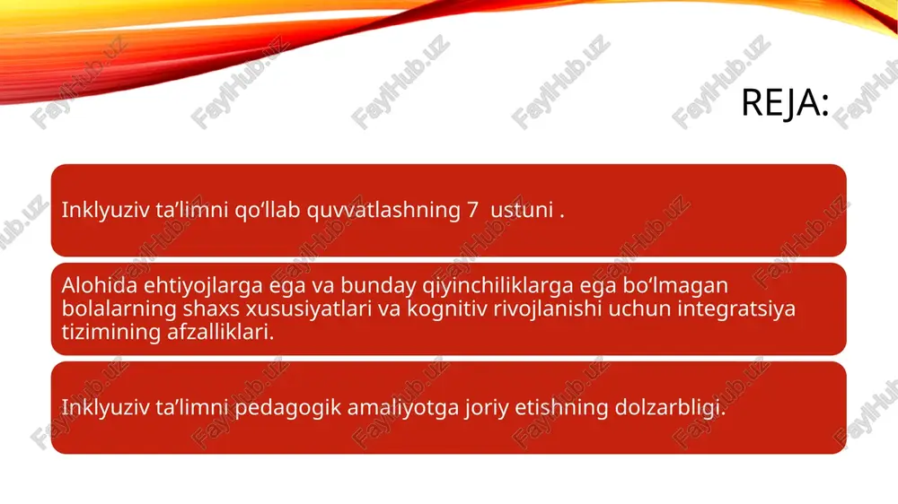 a umumta’lim maktablarini nogiron bolalarga moslashtirishni ko’zda tutadigan, ijtimoiy adolat va tenglikni bosh maqsad qilib olgan jarayondir. inklyuziv ta’lim ijtimoiy modelga asoslanadi va u muammoni bolada emas, balki dastur va metodologiyada deb hisoblaydi. bunday ta’lim tizimiga ba’zi bir o’zgartirishlar kiritishni taqazo etadi. bunda har bir bolaning ehtiyojini hisobga olgan holda o’quv rejalari tayyorlanadi, uslubiyotning psixologik muammolari bilan bog’liq tomonlari to’g’ri yo’lga qo’yiladi. inklyuziv ta’lim hamma bolalarni, shu - 8 - jumladan, nogiron bolalarni ham o’zlari xohlagan maktabda o’qishi mumkin, deb xulosa chiqaradi. bolaning nogiron bo’lib qolishiga jamiyat, undagi muhit, tushunmovchiliklar, yo’l qo’yilgan xatolar sababchi bo’lgan. demak, uning o’qishi uchun ham shu jamiyatning o’zi jon kuydirishi shart. bola huquqlari xalqaro konvensiyadan kelib chiqib, yaxshi maktab ta’limini uch xil ibora bilan ta’riflash mumkin, ya’ni: - mos keluvchi; - rivojlantiruvchi; - inklyuziv; konvensiyaning 6-moddasida shunday satrlar bor: “tirik qolish va rivojlanish”. bu modda mos keluvchi ta’limga taalluqli. rivojlantiruvchi ta’lim 29-moddada ko’rsatilgan: “ta’lim shaxsning …