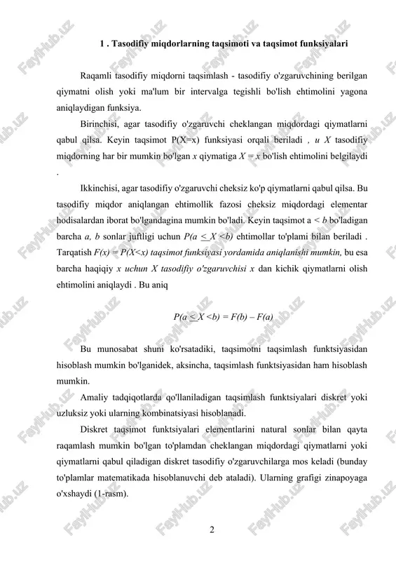 qsimoti, standart gamma taqsimoti va boshqalar qo'llaniladi. tasodifiy o'zgaruvchilarning boshqa transformatsiyalari ham qo'llaniladi. misol uchun, x musbat tasodifiy o'zgaruvchi uchun y = lg x ni ko'rib chiqing , bu erda lg x x sonining o'nlik logarifmidir . tenglik zanjiri f y (x) = p( log x 0 ehtimollik bilan t 0 qiymatini oladi . 3. miqdorlar " kabi tushuncha, bu erda 0 b sondir . diskret taqsimotlar uchun, qoida tariqasida, (4) tenglamani qanoatlantiradigan x p mavjud emas. aniqroq qilib aytadigan bo'lsak, agar tasodifiy o'zgaruvchining taqsimlanishi 1-jadvalda berilgan bo'lsa, bu erda x 1 0, b >0. bunda a - shakl parametri, b - masshtab parametri va c - siljish parametri. faktor 1/d(a) normallashtirish omili bo'lib, u shu maqsadda kiritilgan bu yerda d(a) matematikada qo‘llaniladigan maxsus funksiyalardan biri bo‘lib, “gamma funksiya” deb ataladi, bu funksiya yordamida (6) formula bo‘yicha berilgan taqsimot ham nomlanadi, a uchun formula (6) zichlikka ega bo'lgan taqsimot tomonidan …